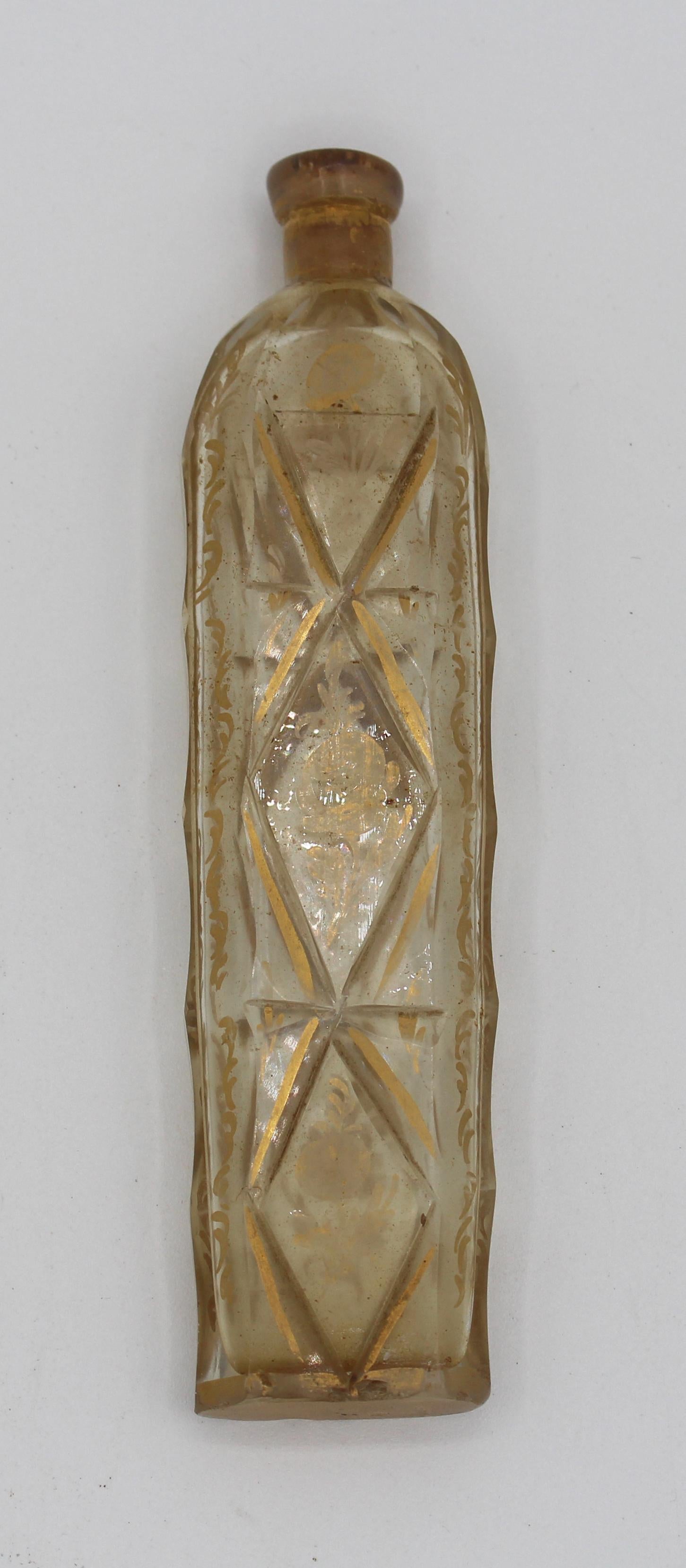 18th century faceted & gilt blown glass perfume bottle; England. Lacks stopper/cork. 5 1/2
