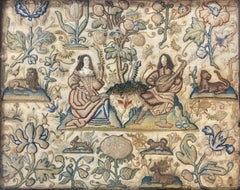 18th Century English Framed Stumpwork Textile with Courting Figures & Lions