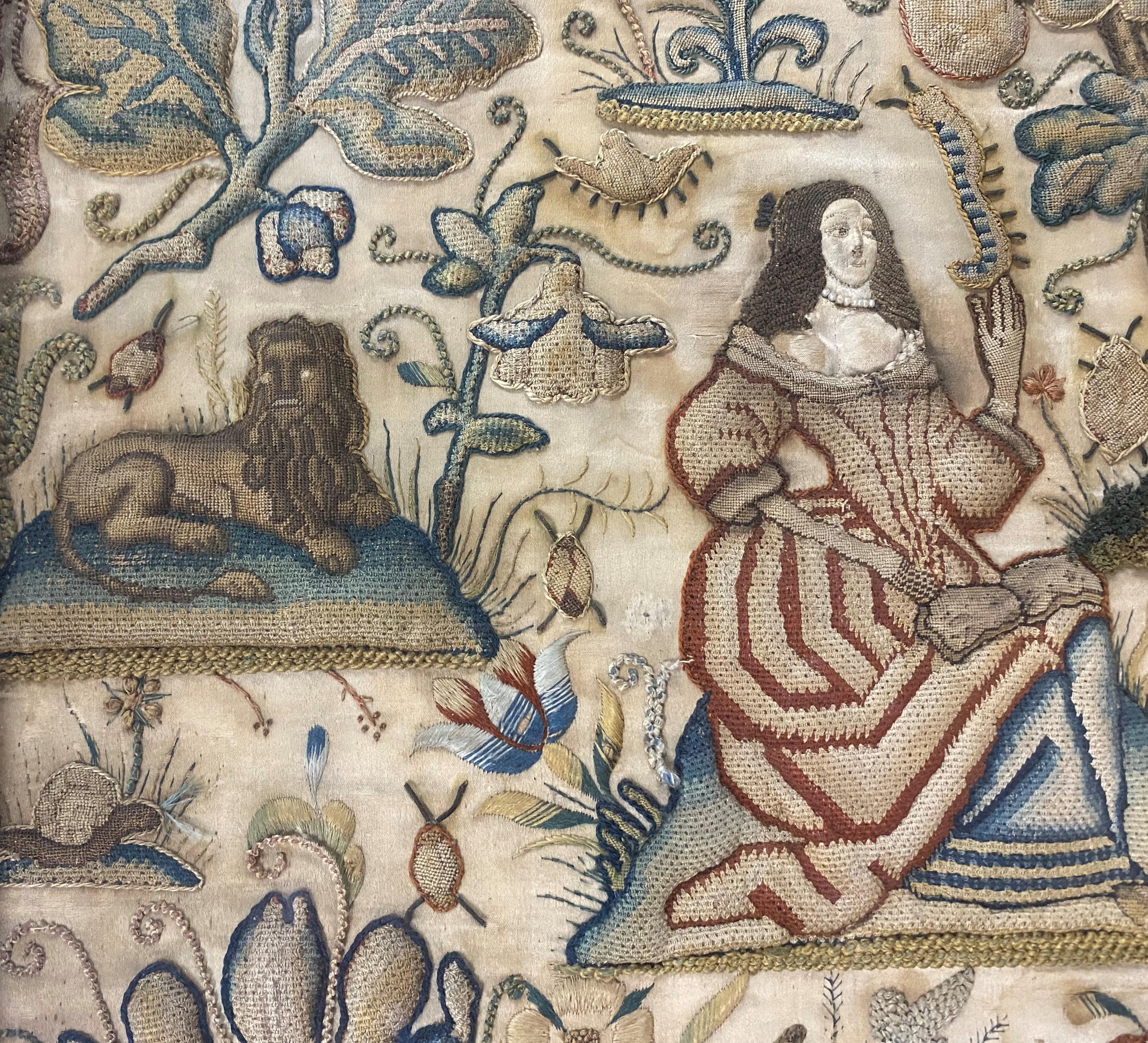 Needlework 18th Century English Framed Stumpwork Textile with Courting Figures & Lions