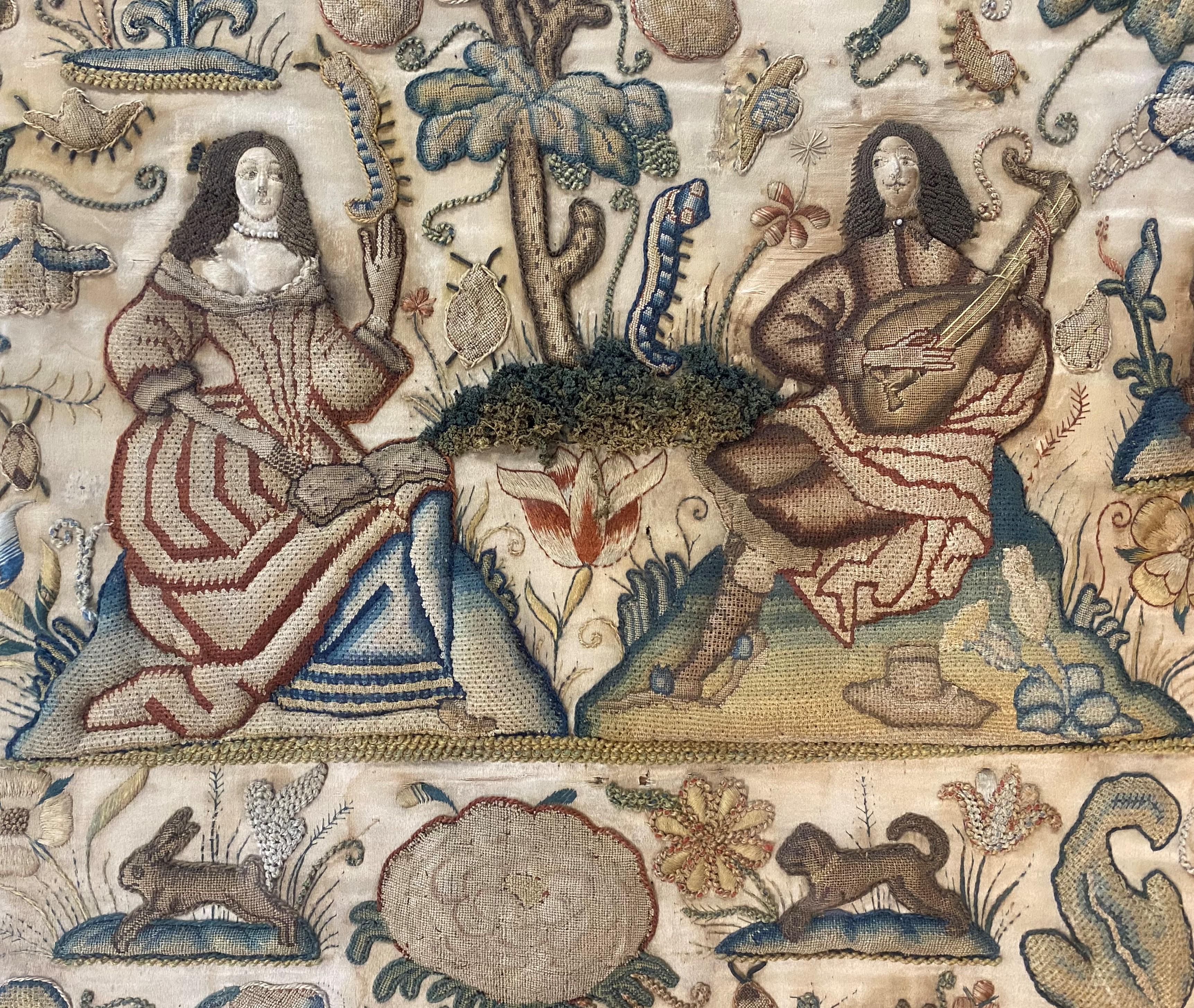 18th Century English Framed Stumpwork Textile with Courting Figures & Lions In Good Condition In Milford, NH