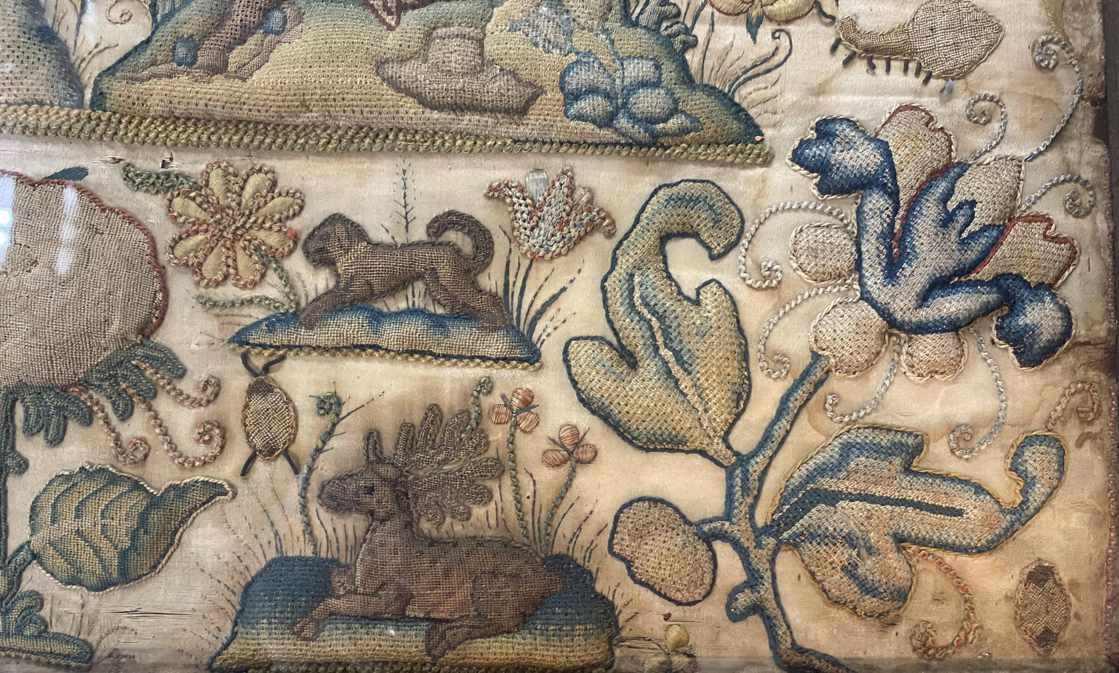 18th Century and Earlier 18th Century English Framed Stumpwork Textile with Courting Figures & Lions