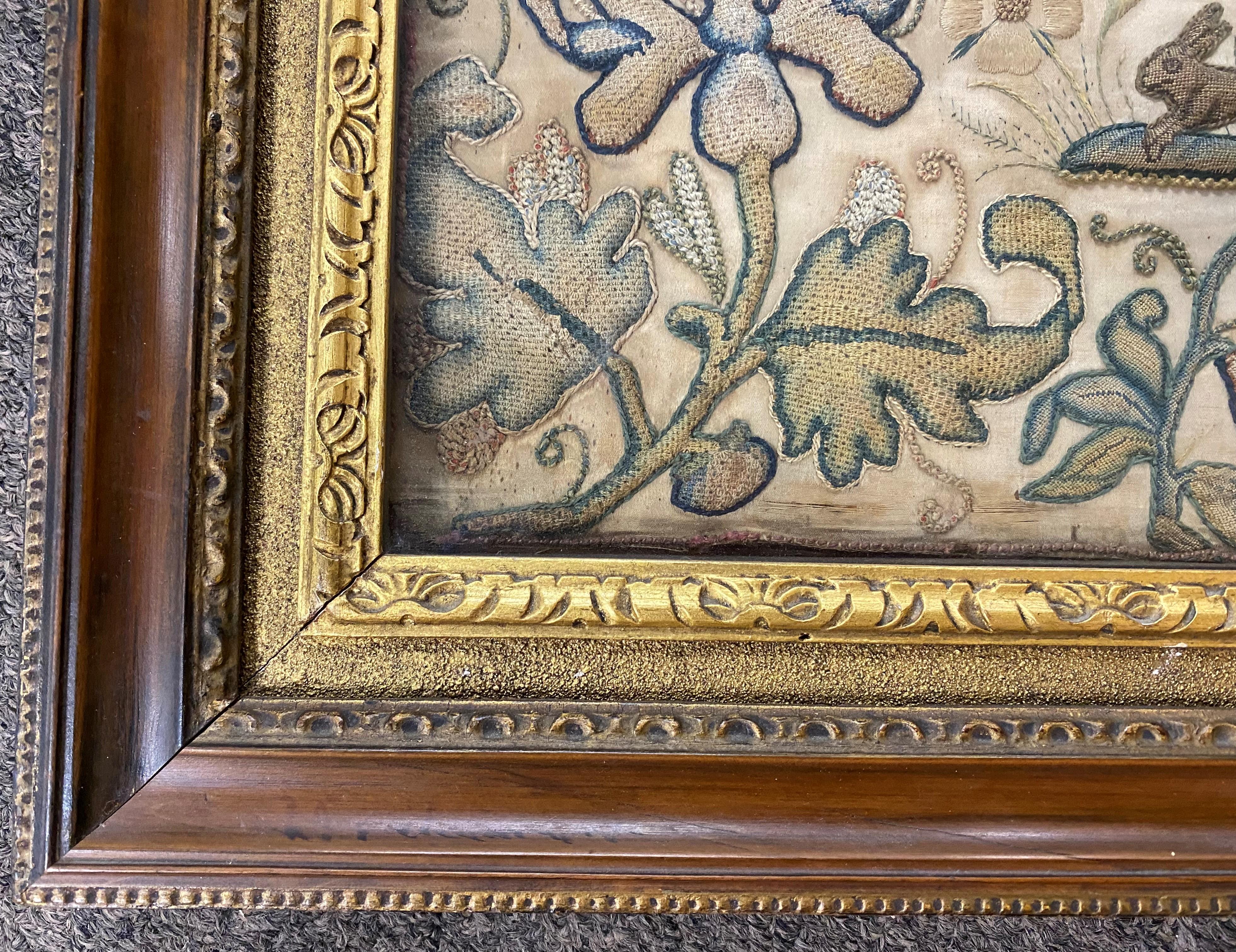 18th Century English Framed Stumpwork Textile with Courting Figures & Lions 1
