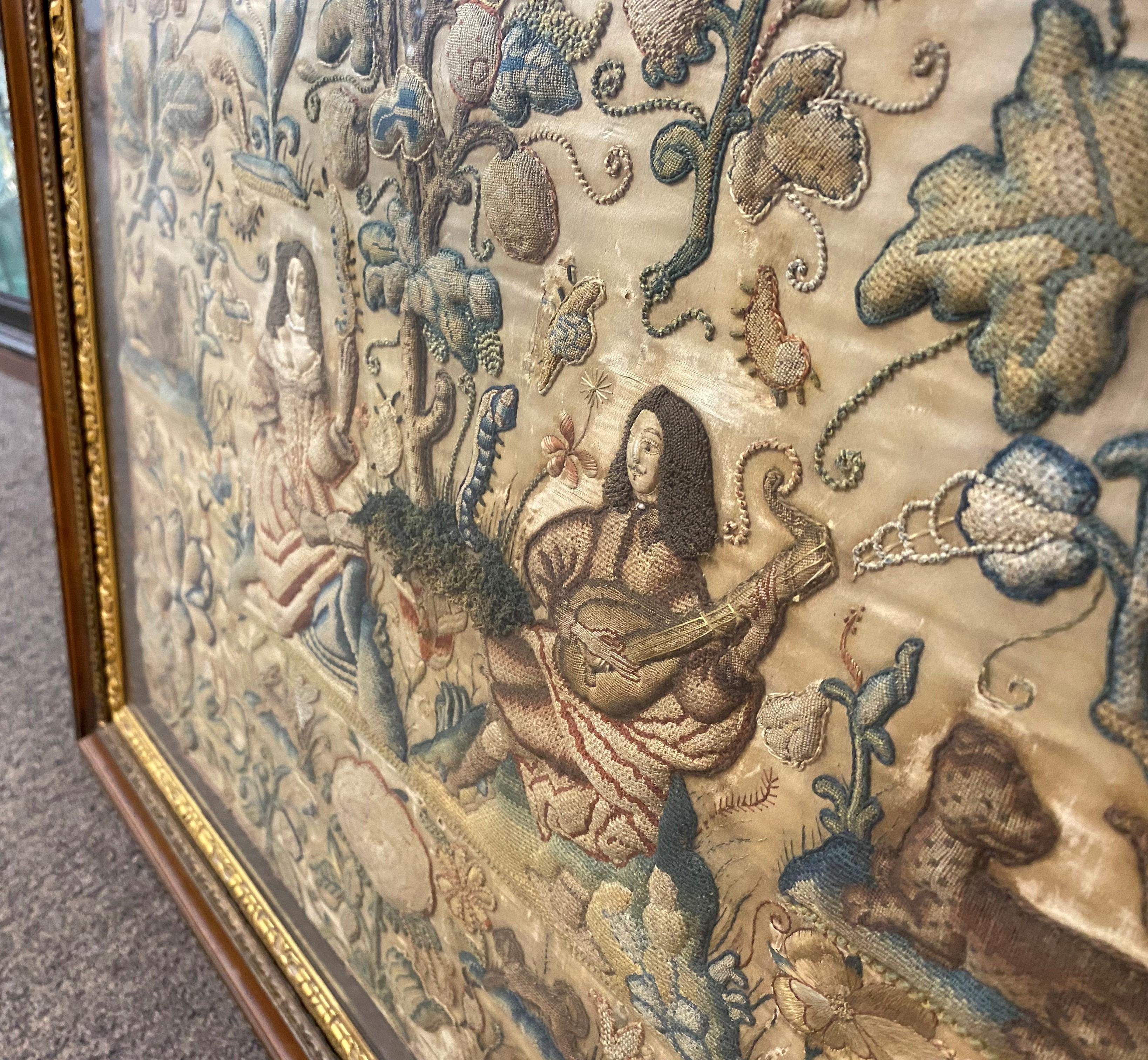 18th Century English Framed Stumpwork Textile with Courting Figures & Lions 2
