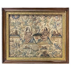 Textile anglais du 18ème siècle encadré de clous avec figures de lions et d'inséparables