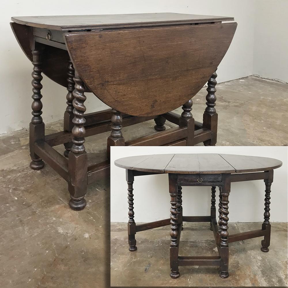 18th century English gateleg drop leaf table combines versatility with functionality, and the stability of a table with six legs when both leaves are open! Easily tucks behind a sofa or against the wall when not in use, or as a cozy breakfast table