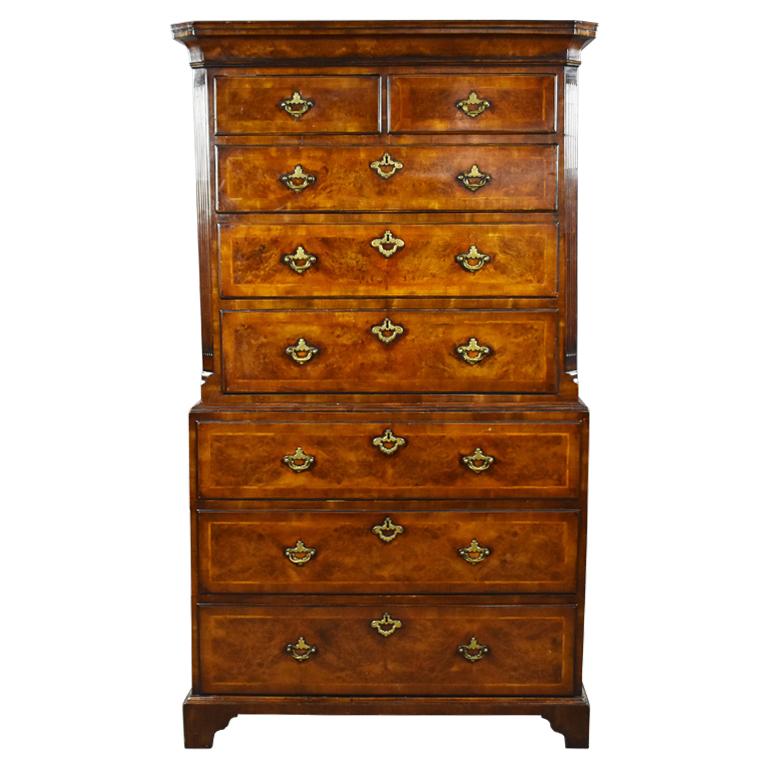 18th Century English George II Burr Walnut Chest on Chest For Sale