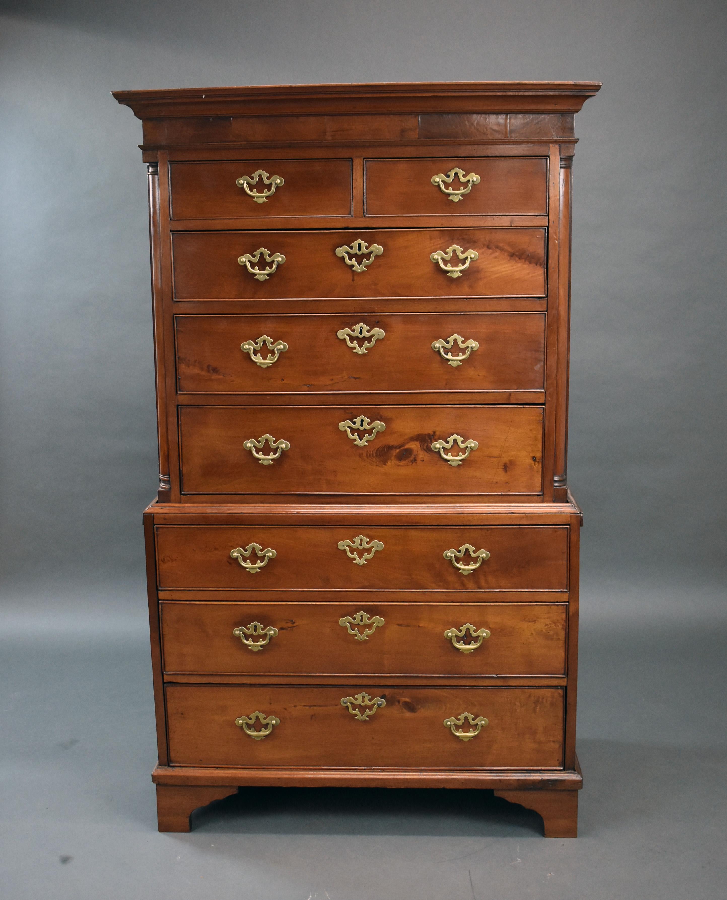 For sale is a good quality George II red walnut chest on chest. The top chest having an arrangement of five drawers, with brass handles and escutcheons, above the bottom chest which has a further three drawers. This piece stands on bracket feet and