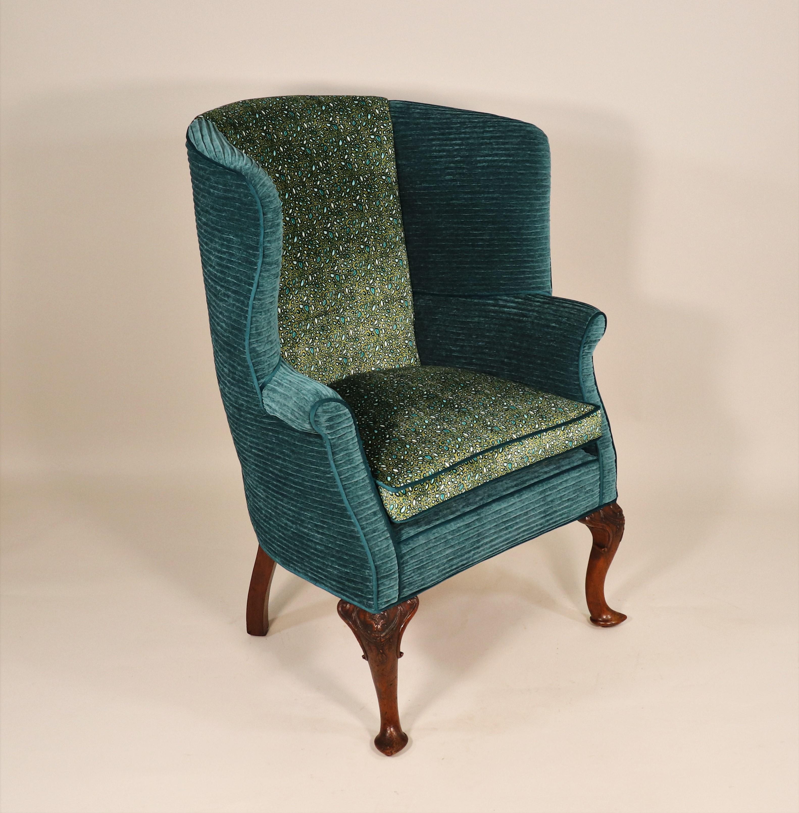 18th Century English George II Walnut Wingback With Modern Fabric 1