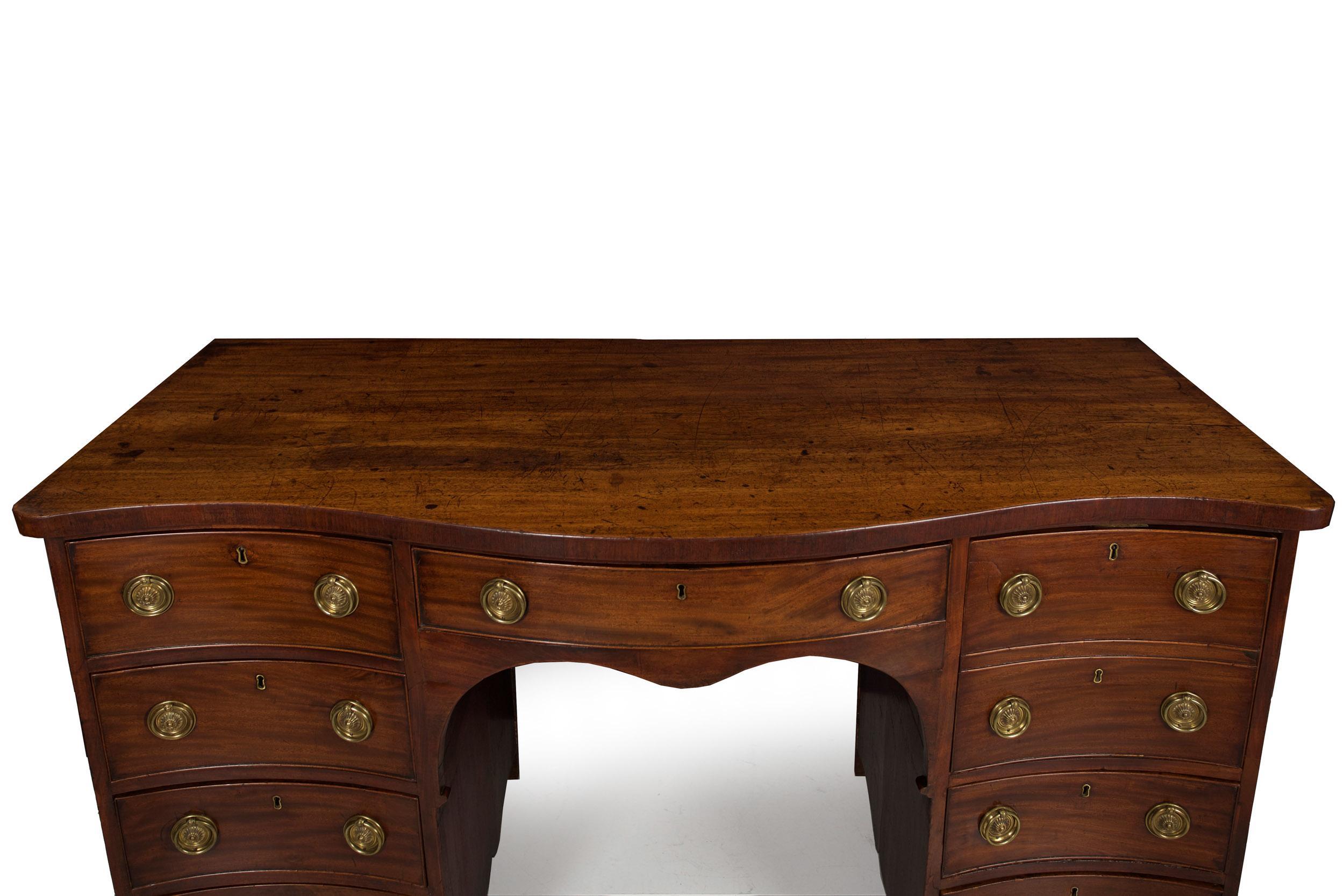 Brass 18th Century English George III Antique Mahogany Serpentine Pedestal Sideboard For Sale