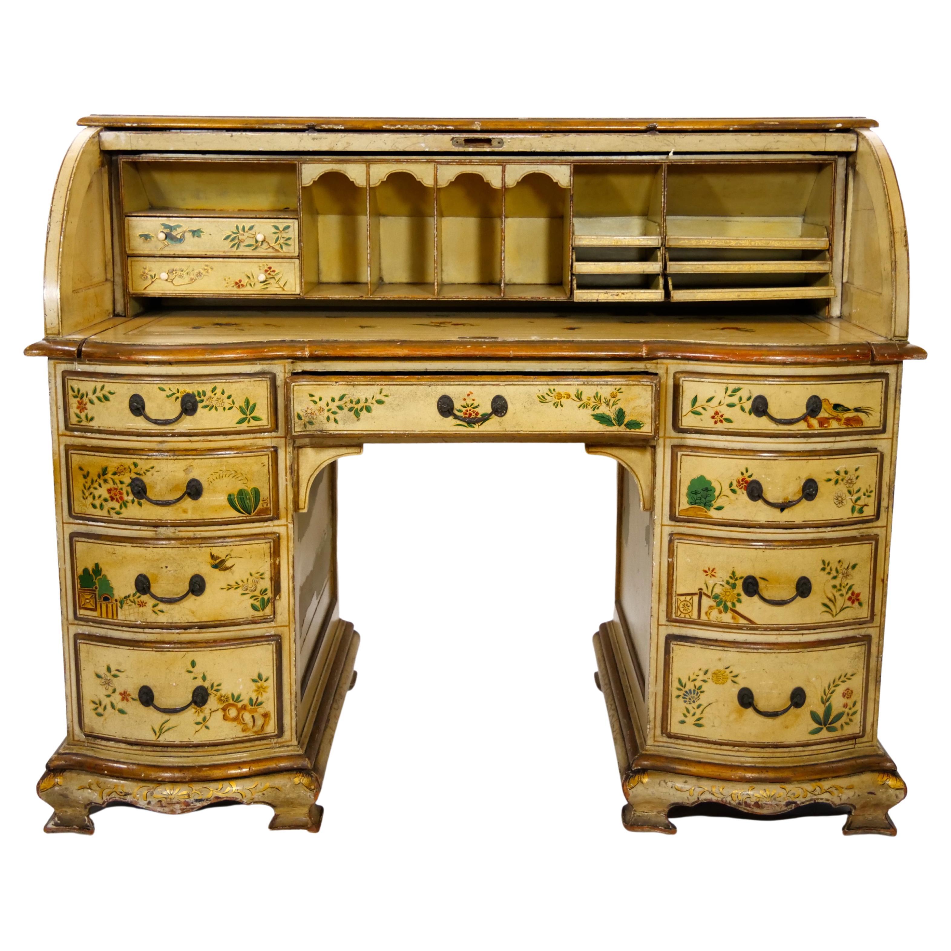 Early 19th century hand painted and decorated chinoiserie bureau / desk. The fall front opening to reveal a fully fitted interior and numerous holding compartments, above an arrangement of various drawer, standing on four feet on each side. The