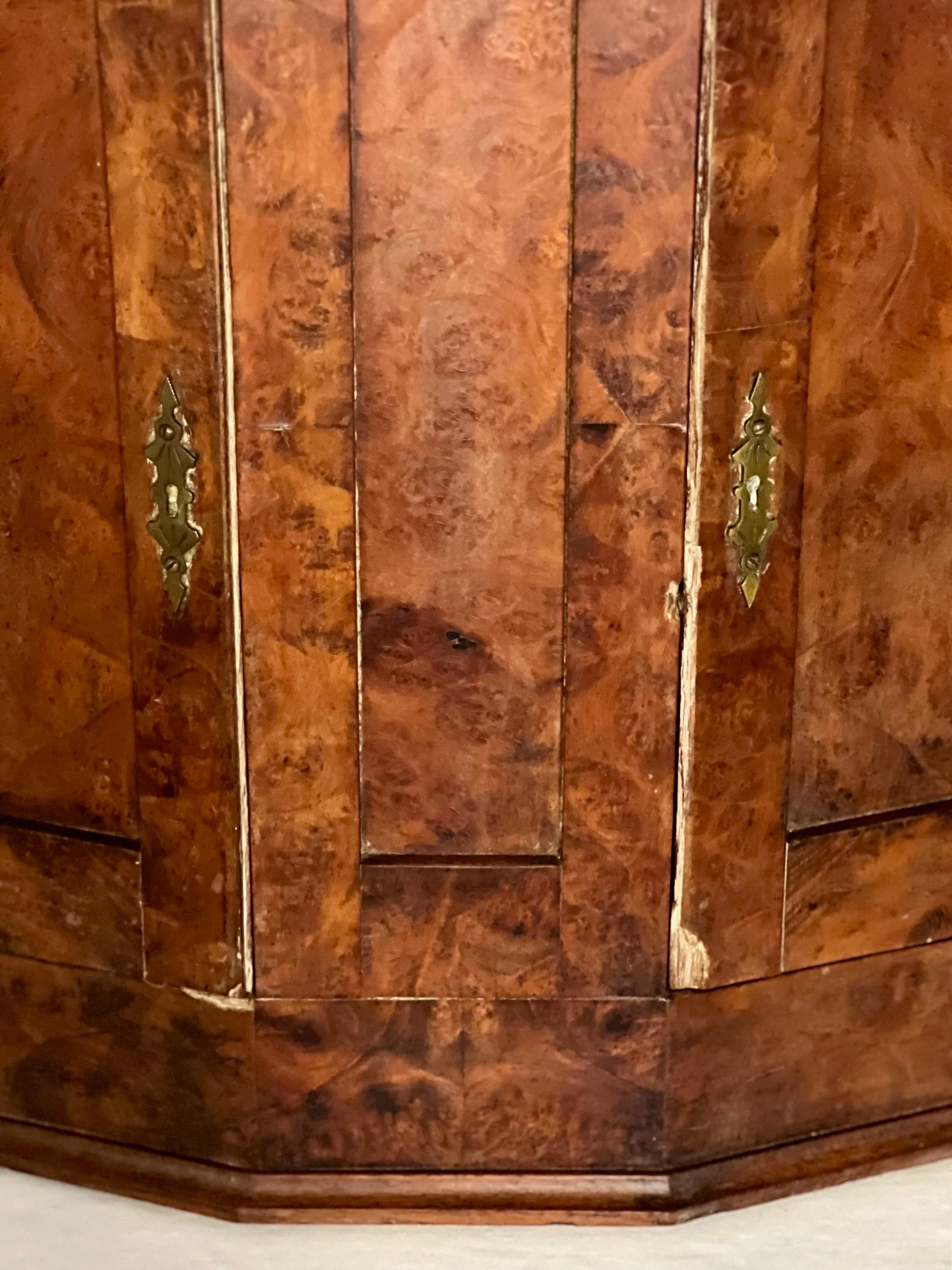 18th Century English George III Elm Burl Two Door Hanging Corner Cupboard For Sale 4