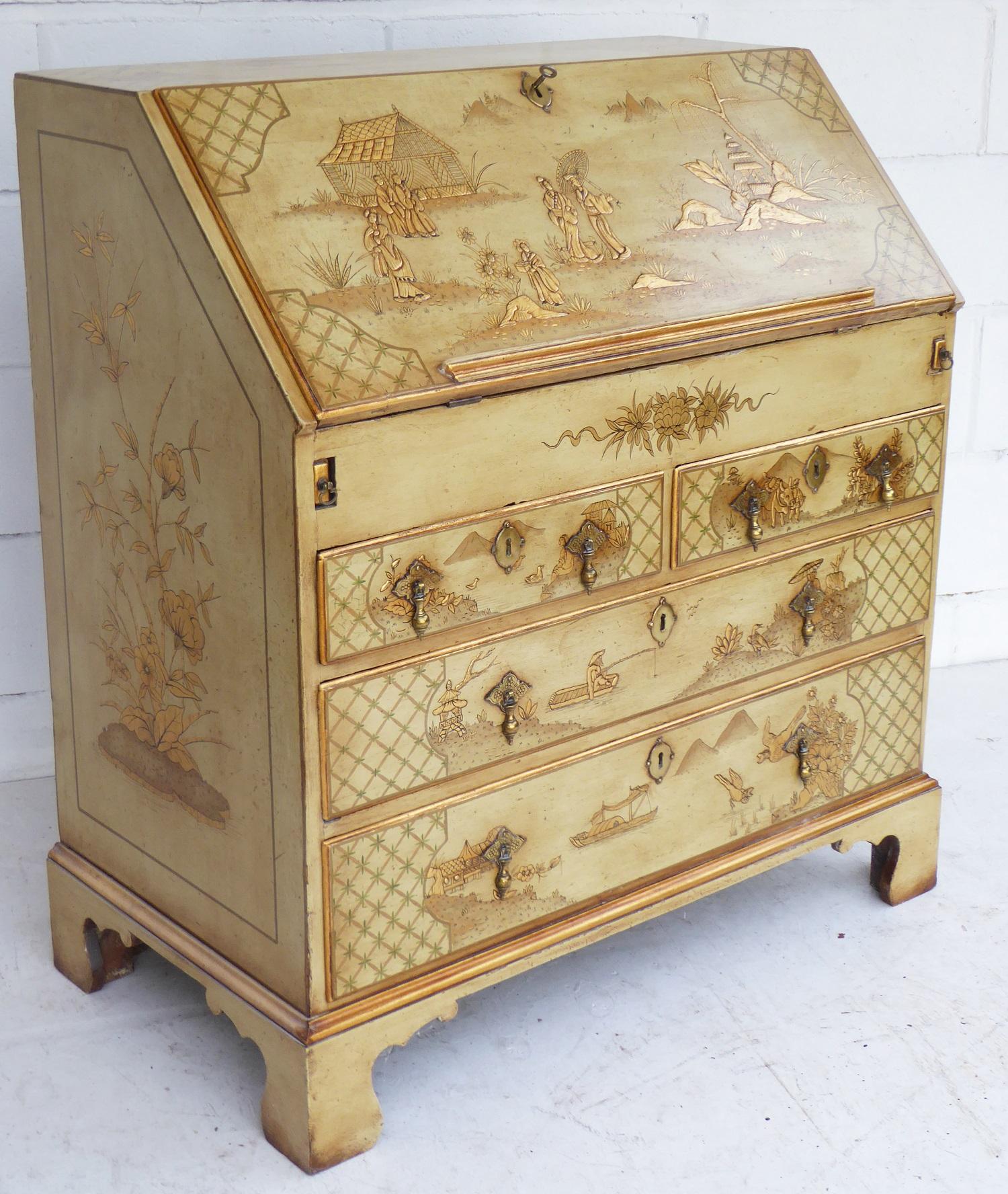 For sale is a fine quality 18th century chinoiserie Bureau. The exterior of the bureau is profusely decorated with oriental scenes. The fall front opens to reveal a fully fitted interior comprising pigeon holes, drawers, a well and a writing