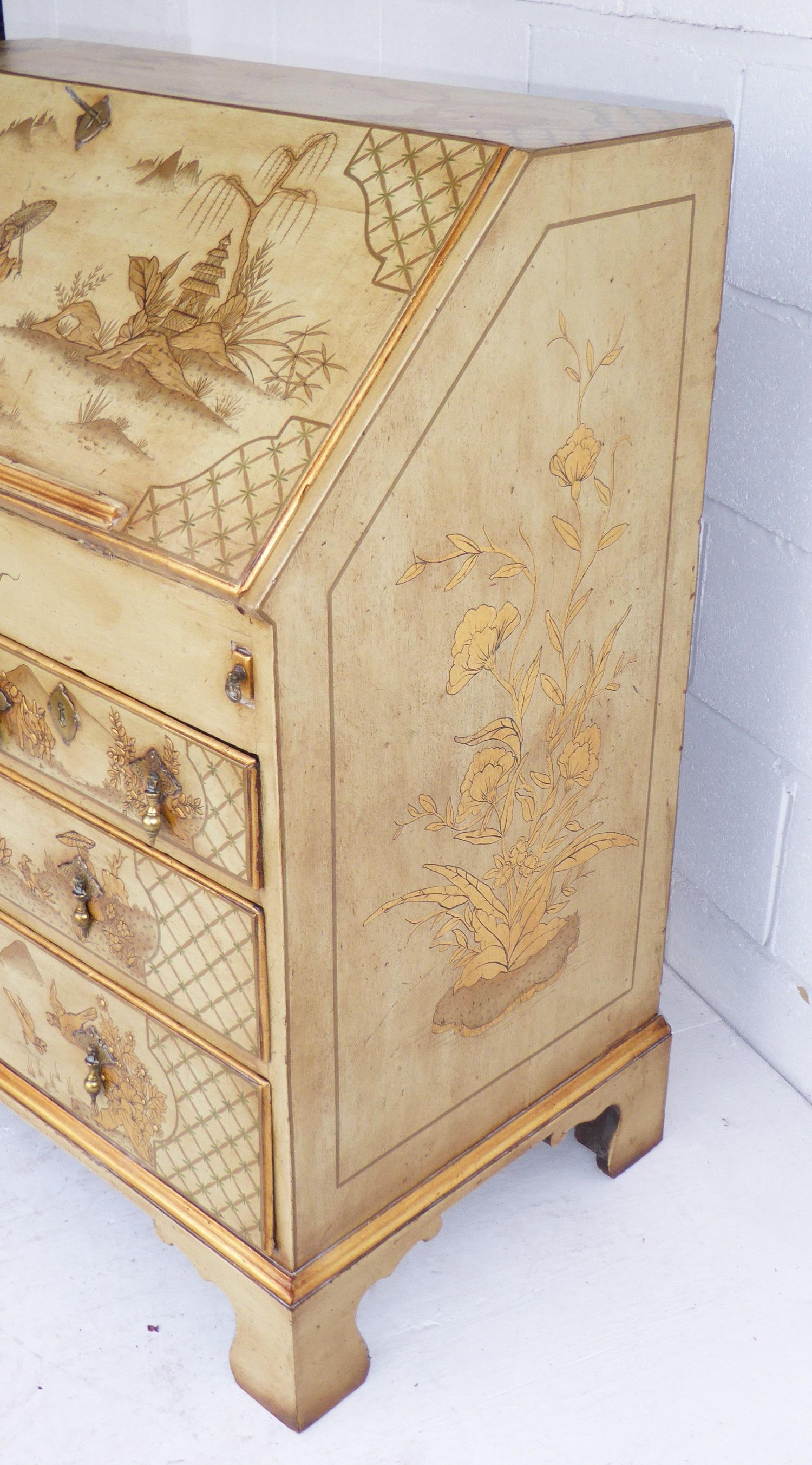 Oak 18th Century English George III Lacquer and Gilt Chinoiserie Secretary