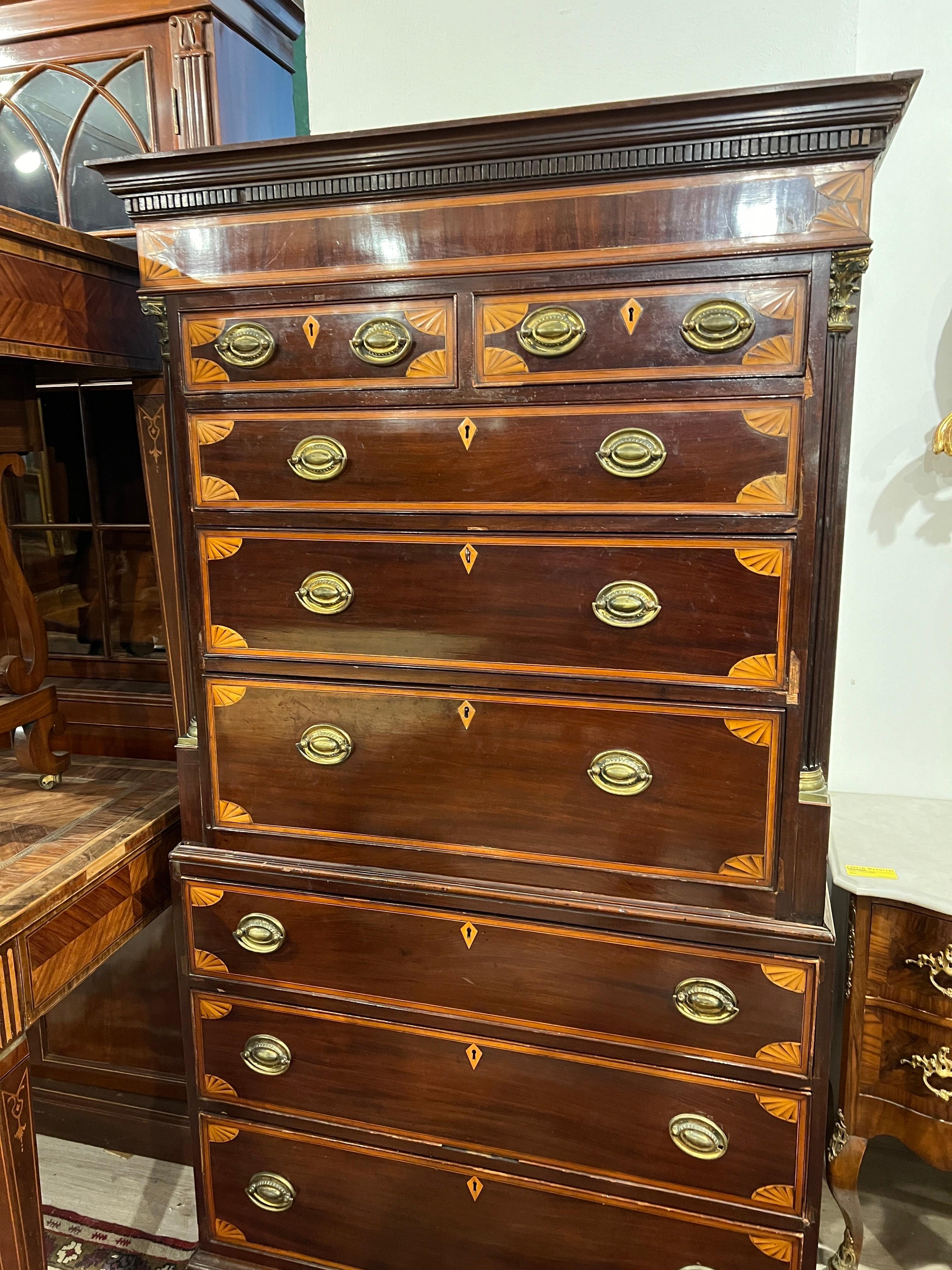Inlay 18th Century English George III Mahogany Inlaid Secretaire Chest of Drawers 1700 For Sale