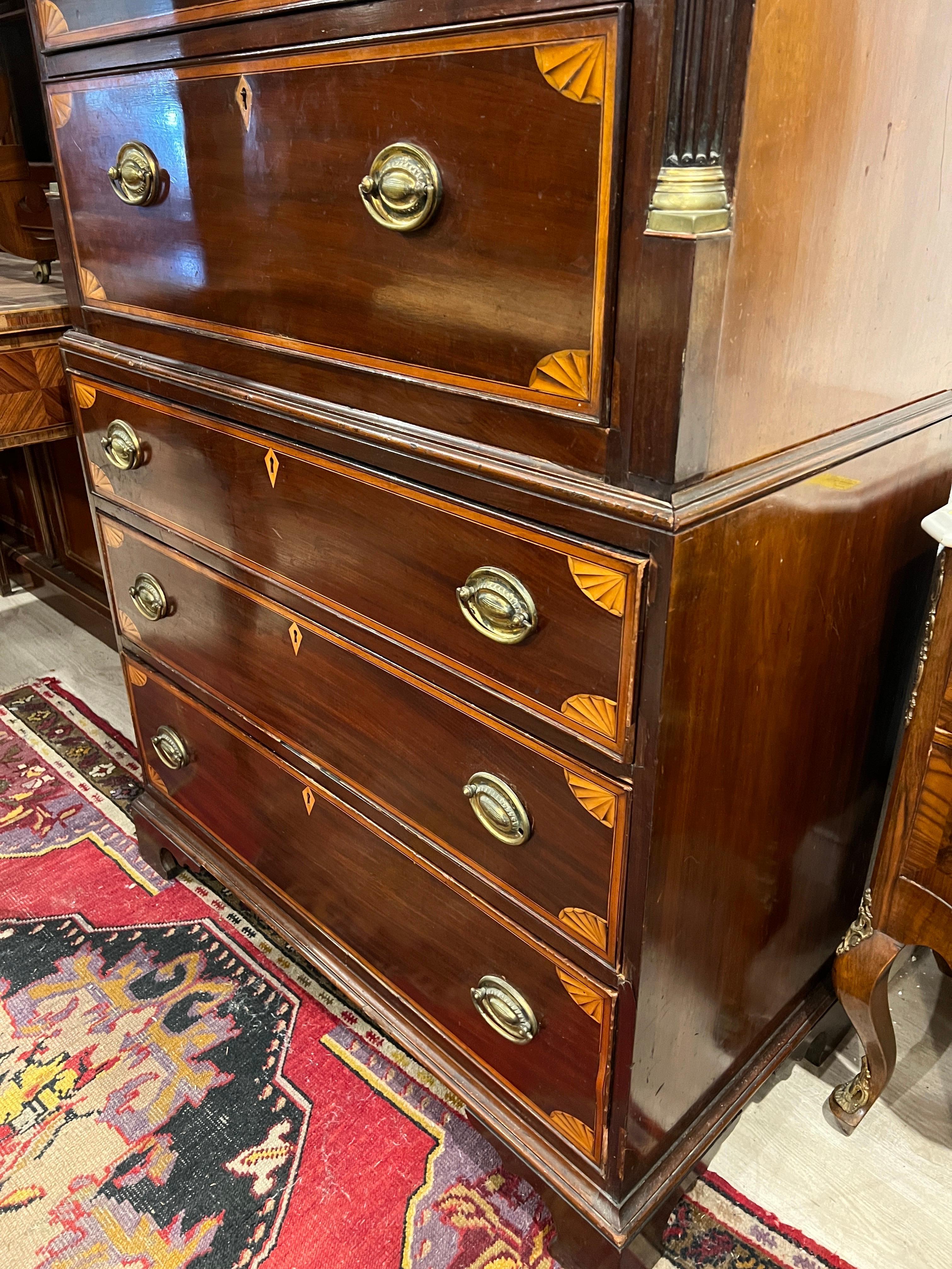 Mid-18th Century 18th Century English George III Mahogany Inlaid Secretaire Chest of Drawers 1700 For Sale