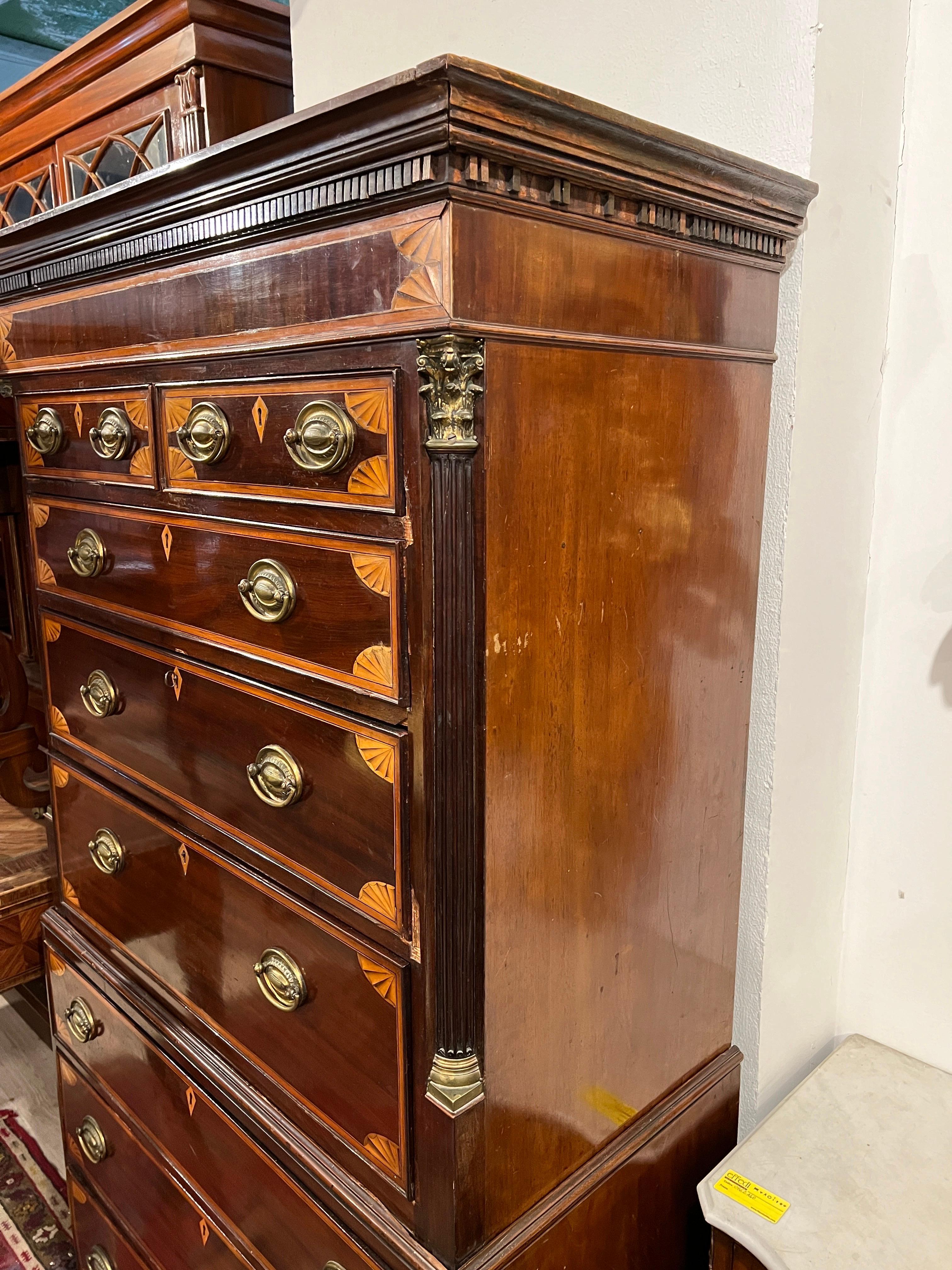 Bronze 18th Century English George III Mahogany Inlaid Secretaire Chest of Drawers 1700 For Sale