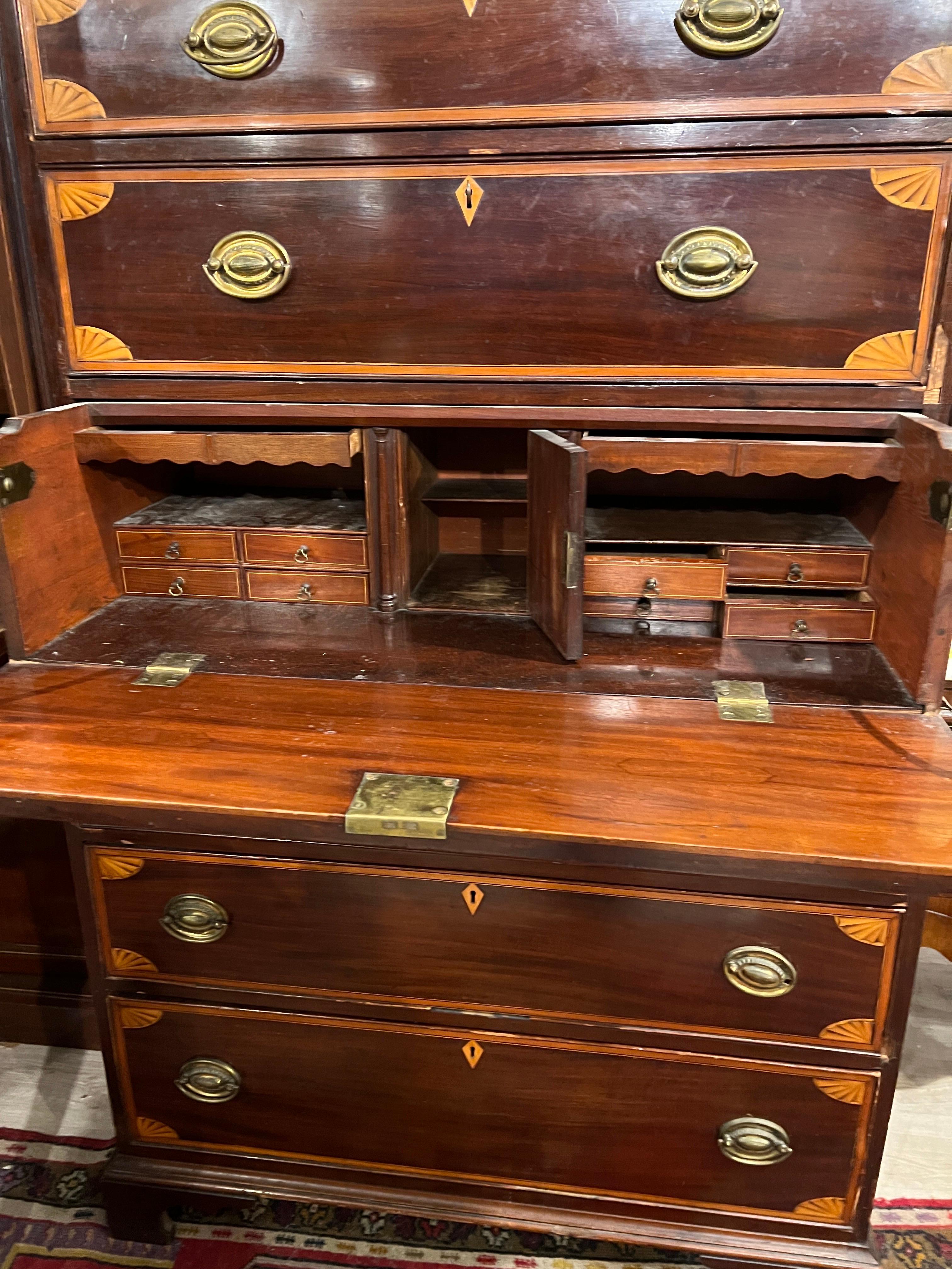 18th Century English George III Mahogany Inlaid Secretaire Chest of Drawers 1700 For Sale 3