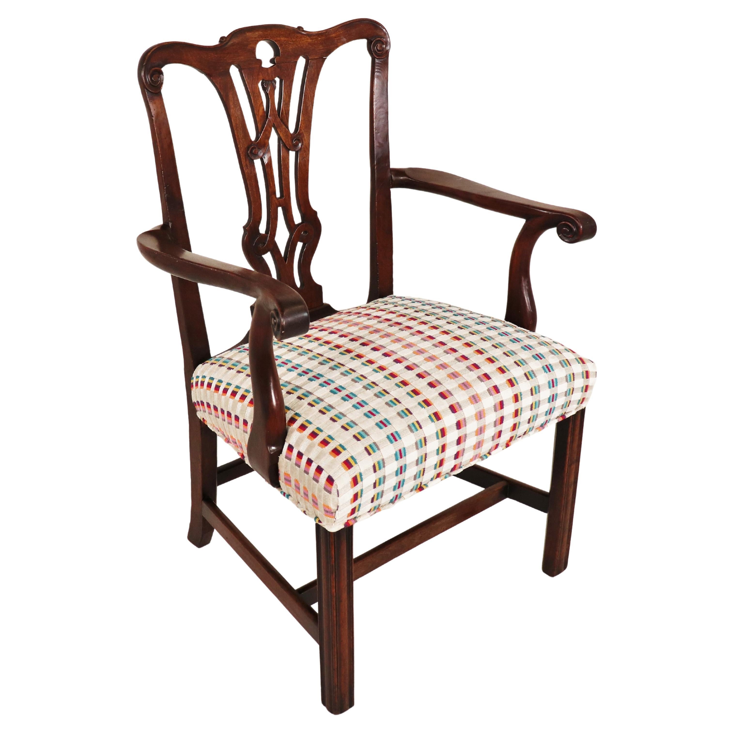 18th Century English George III Period Mahogany Armchair with Modern Fabric For Sale
