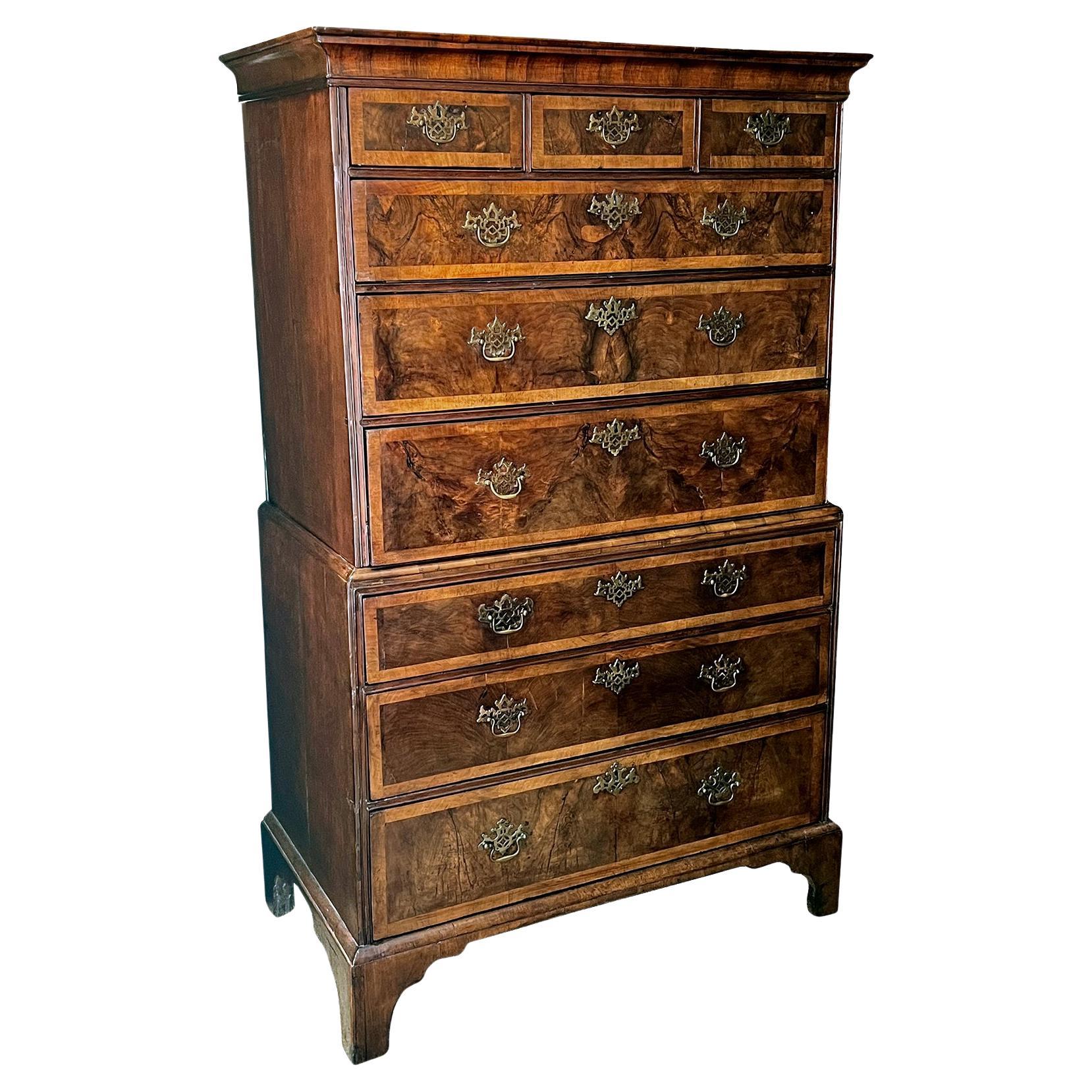 18th Century English Georgian Burl Walnut Veneer Chest on Chest For Sale