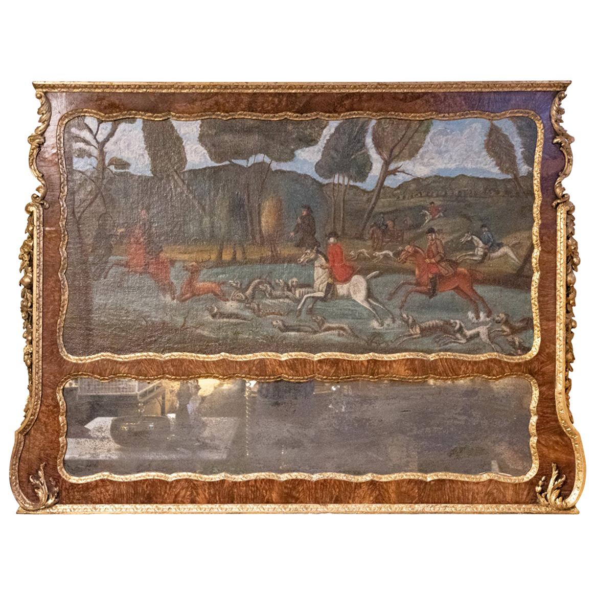 18th Century English Georgian Mirror with Hunt Scene