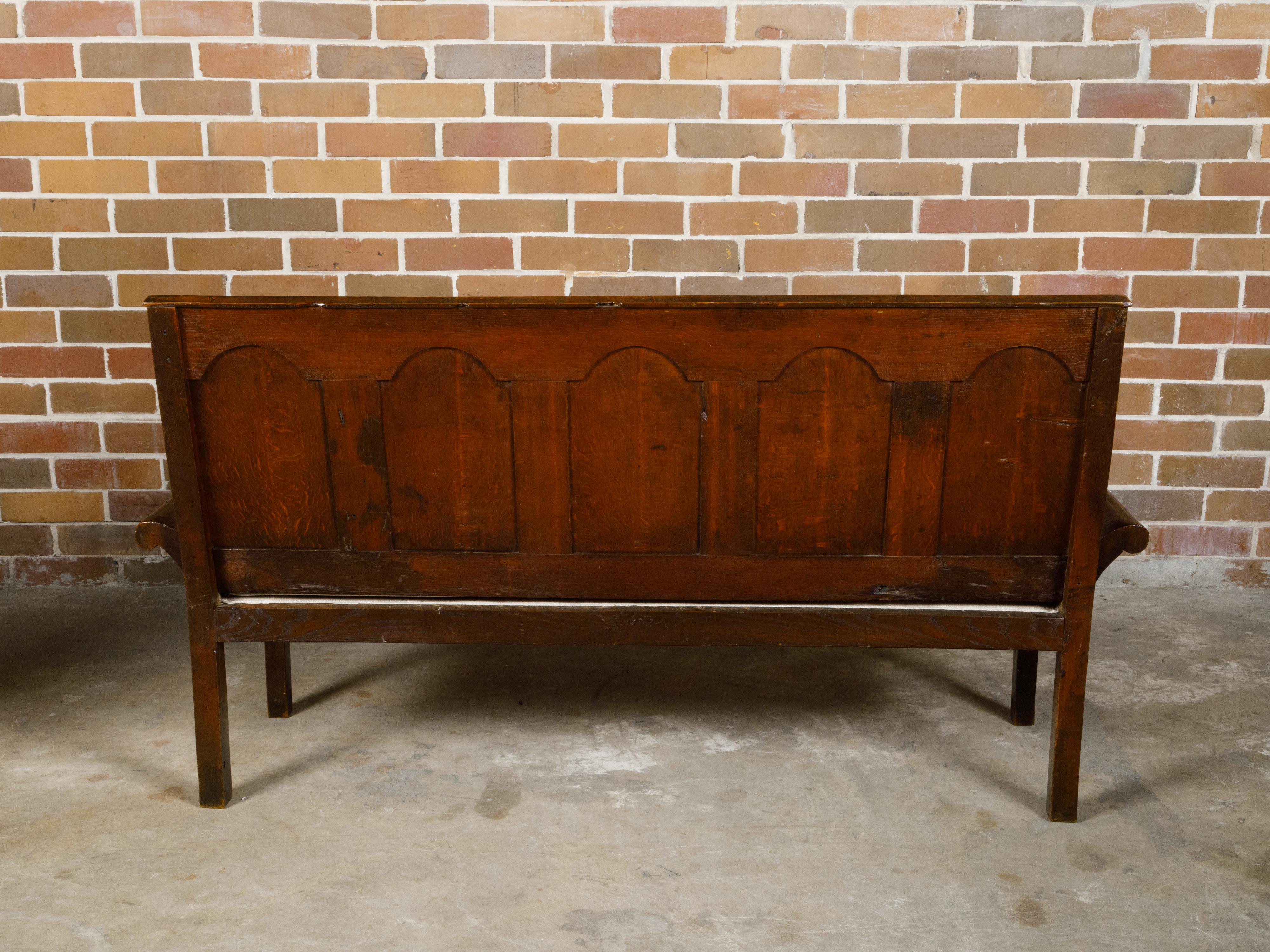 18th Century English Georgian Oak Bench with Carved Back and Custom Upholstery For Sale 6