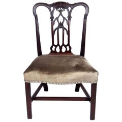 Antique 18th Century English Gothic Chippendale Mahogany Side Chair in Grey Velvet
