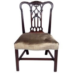 18th Century English Gothic Chippendale Mahogany Side Chair in Grey Velvet