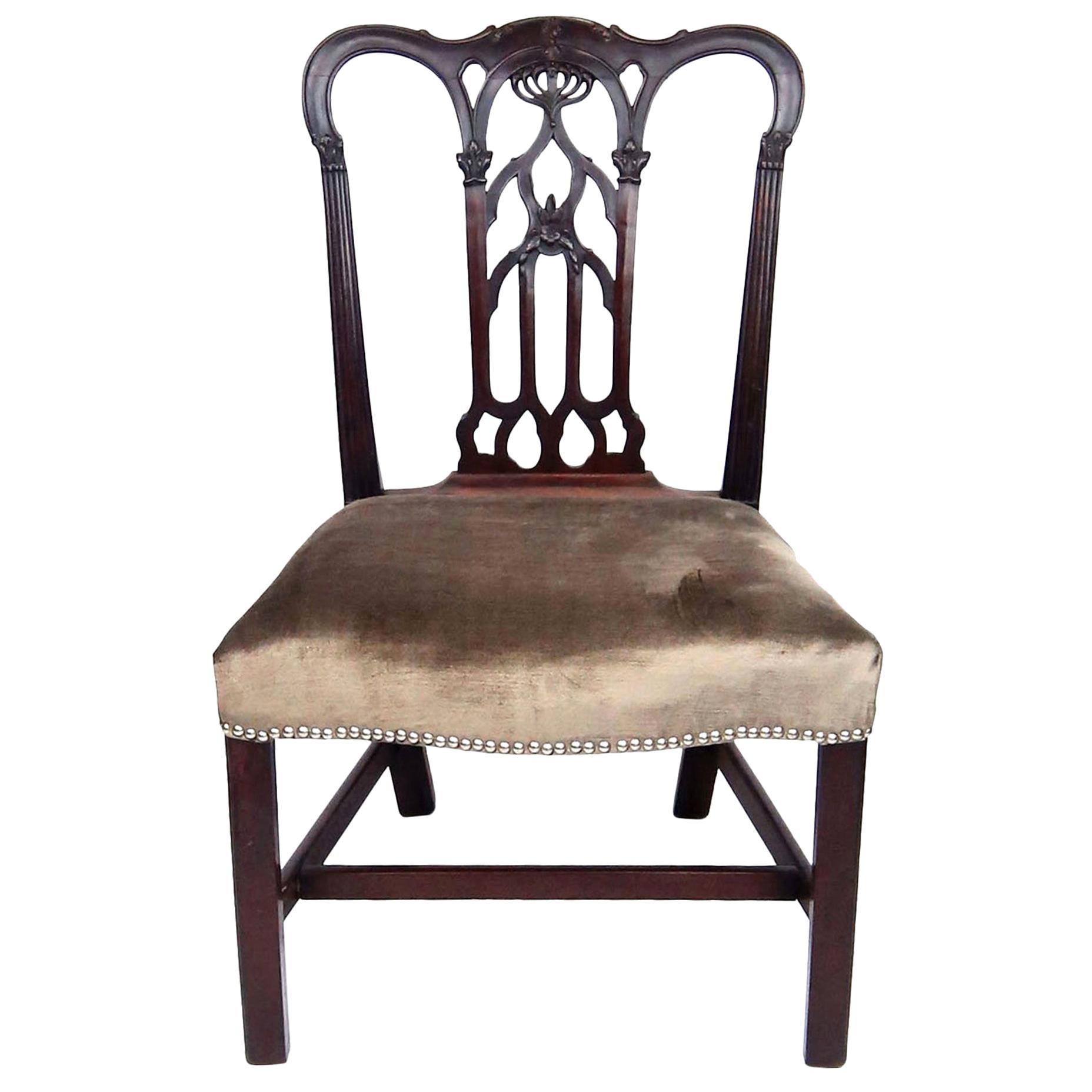 18th Century English Gothic Chippendale Mahogany Side Chair in Grey Velvet