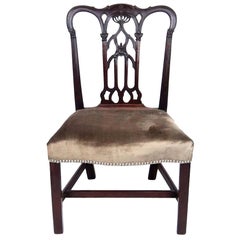 18th Century English Gothic Chippendale Mahogany Side Chair in Grey Velvet