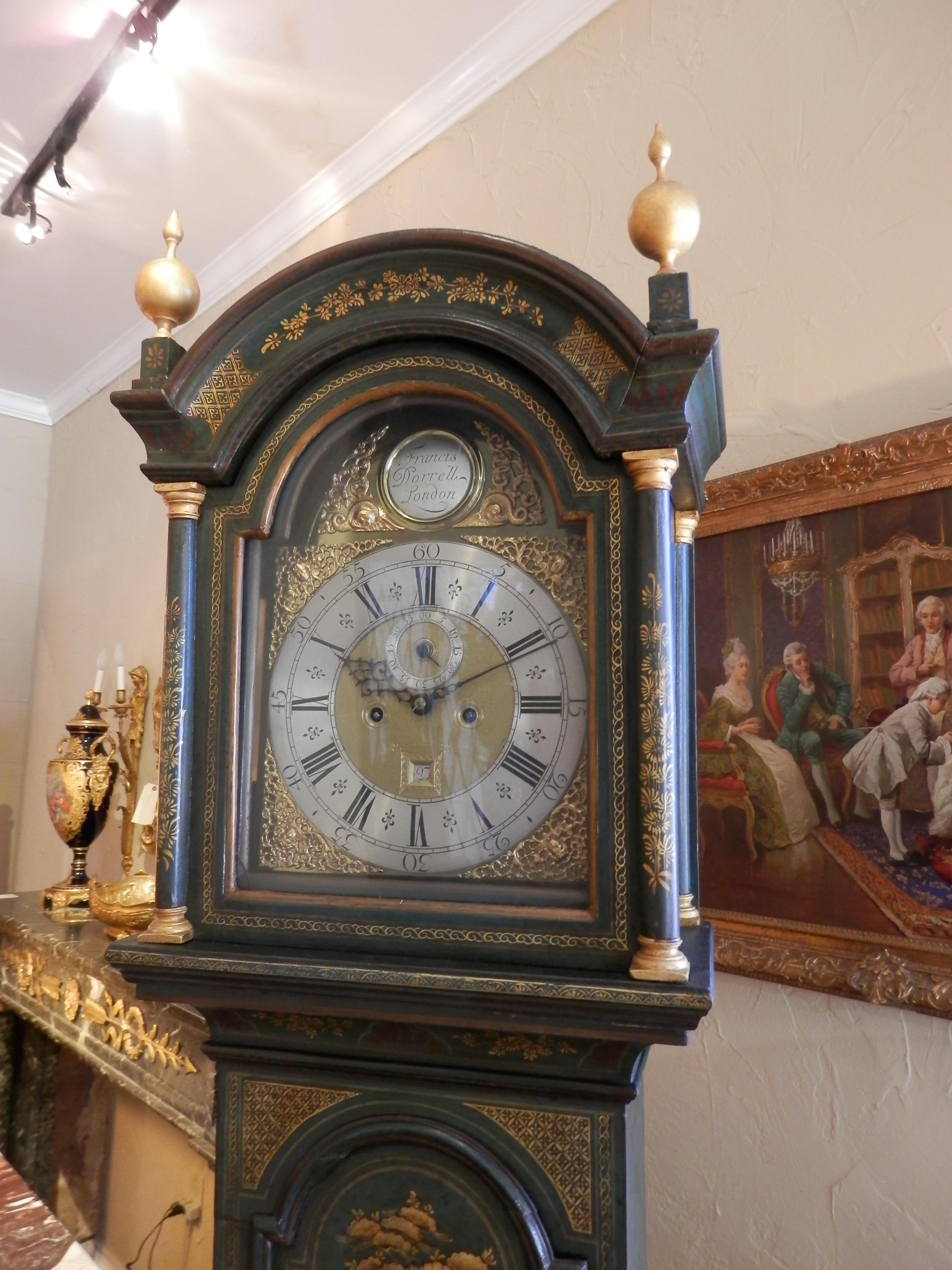 Beautiful 18th century chinoiserie decorated with a green background grandfather clock. All original by clock maker Francis Dorell, London. The clock runs well and strikes on the half and the whole. 8 day movement.