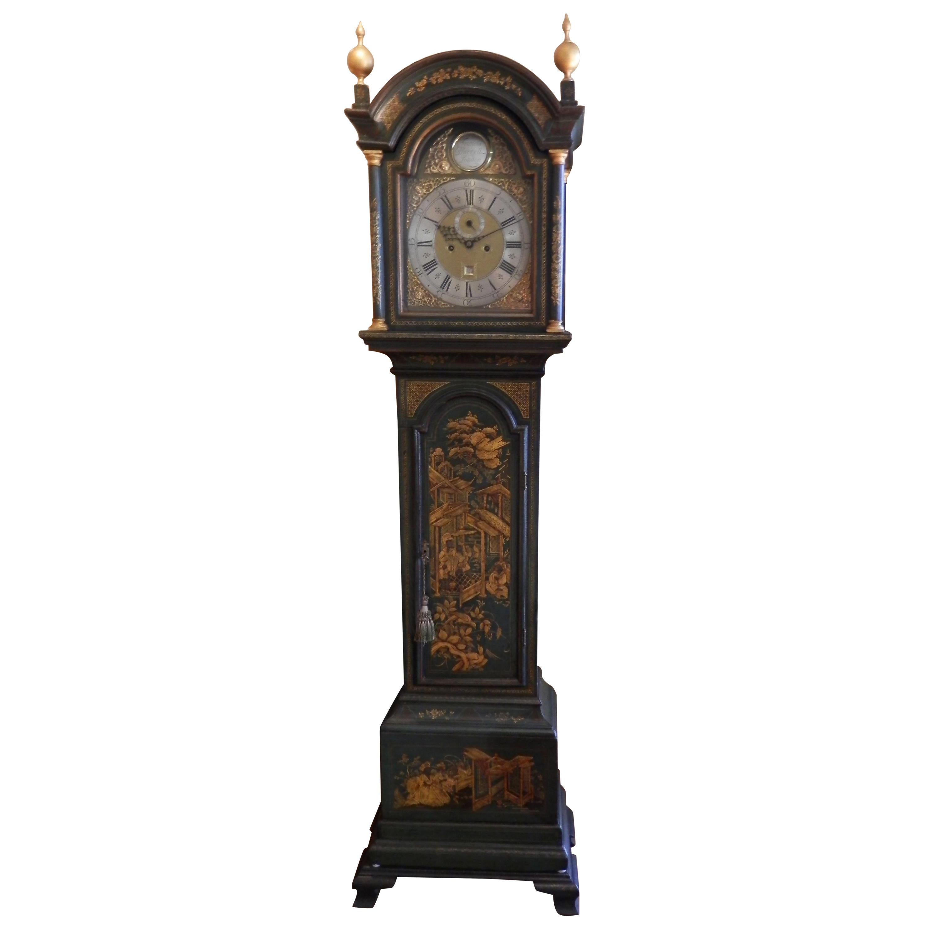 18th Century English Green Chinoiserie Hand Painted Grandfather Clock