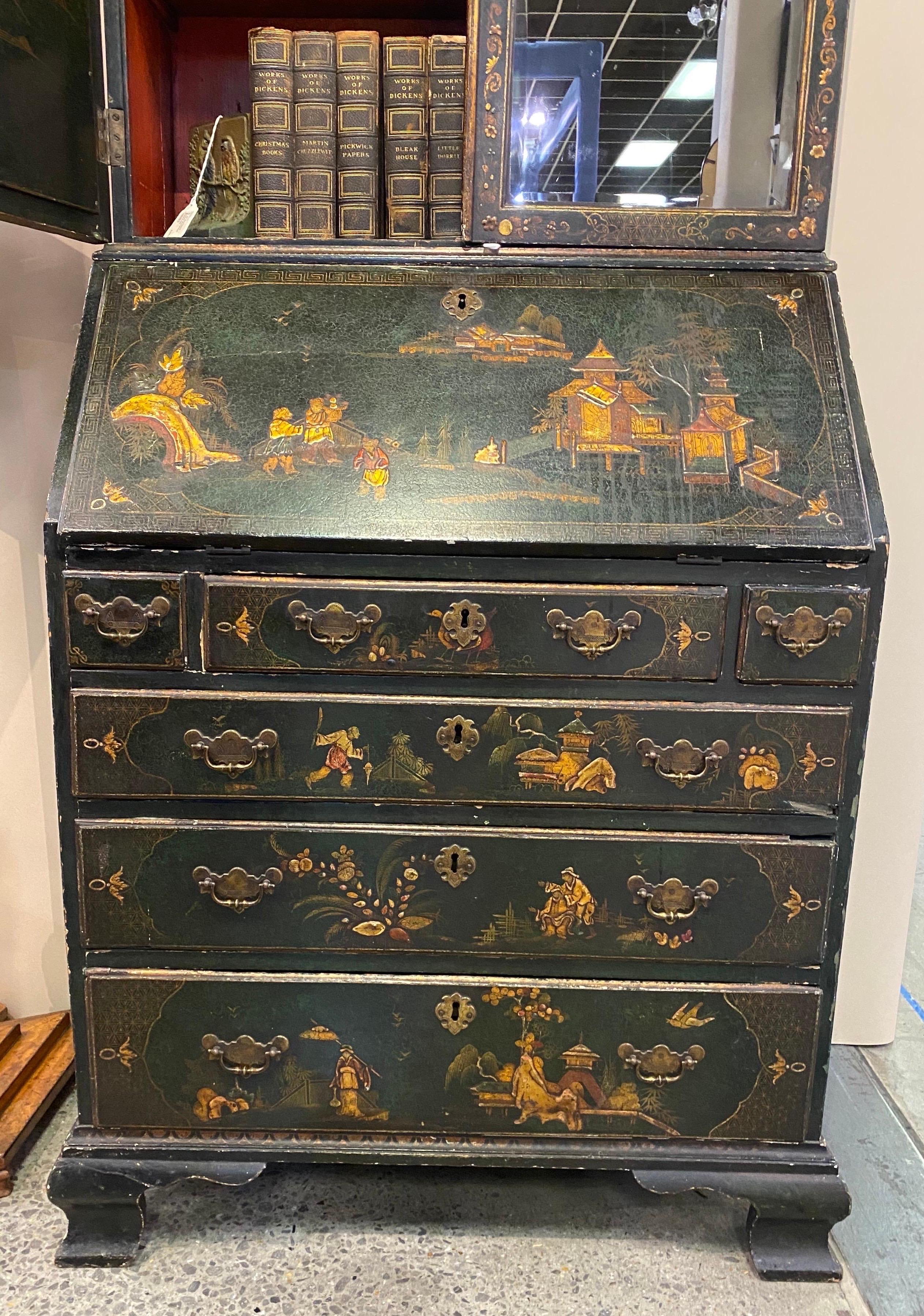 18th Century English Green Chinoiserie Secretary with Red Interior 6