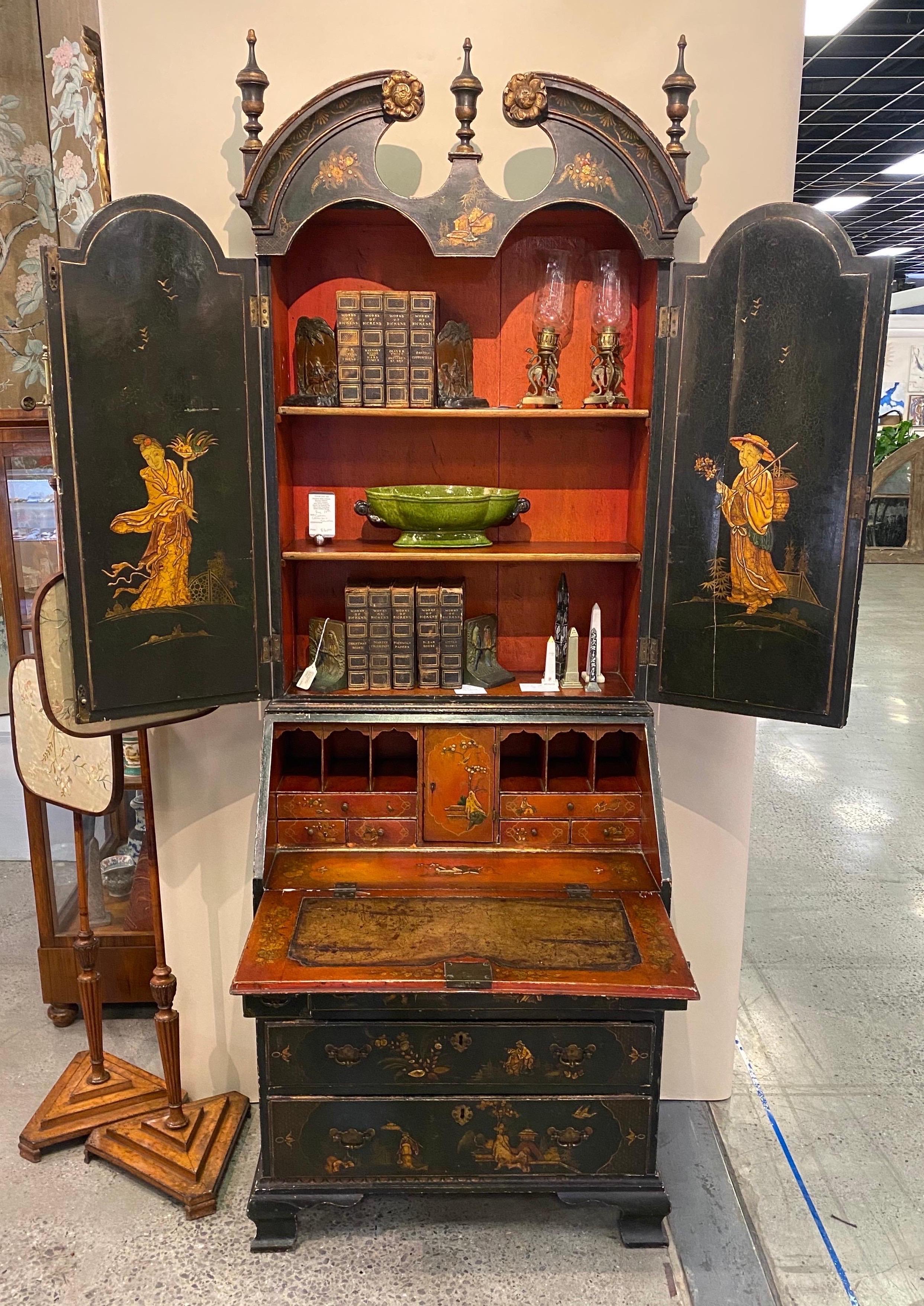 18th Century and Earlier 18th Century English Green Chinoiserie Secretary with Red Interior