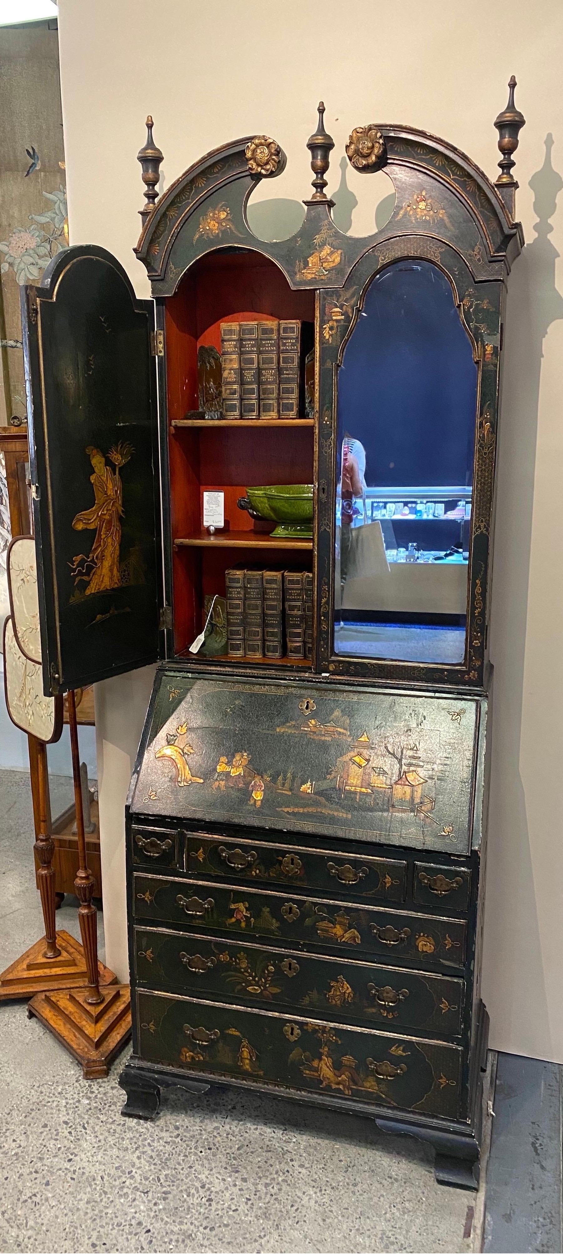18th Century English Green Chinoiserie Secretary with Red Interior 1