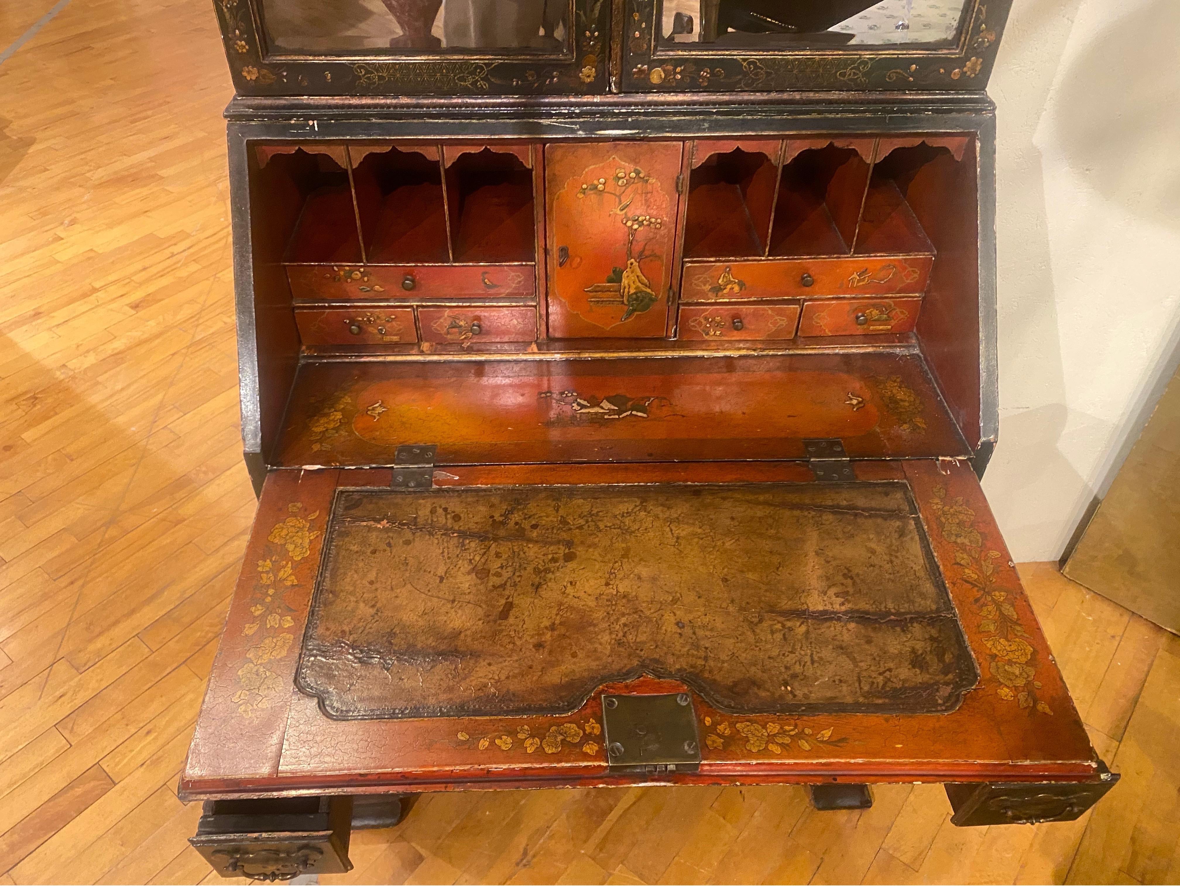 18th Century English Green Chinoiserie Secretary with Red Interior 3