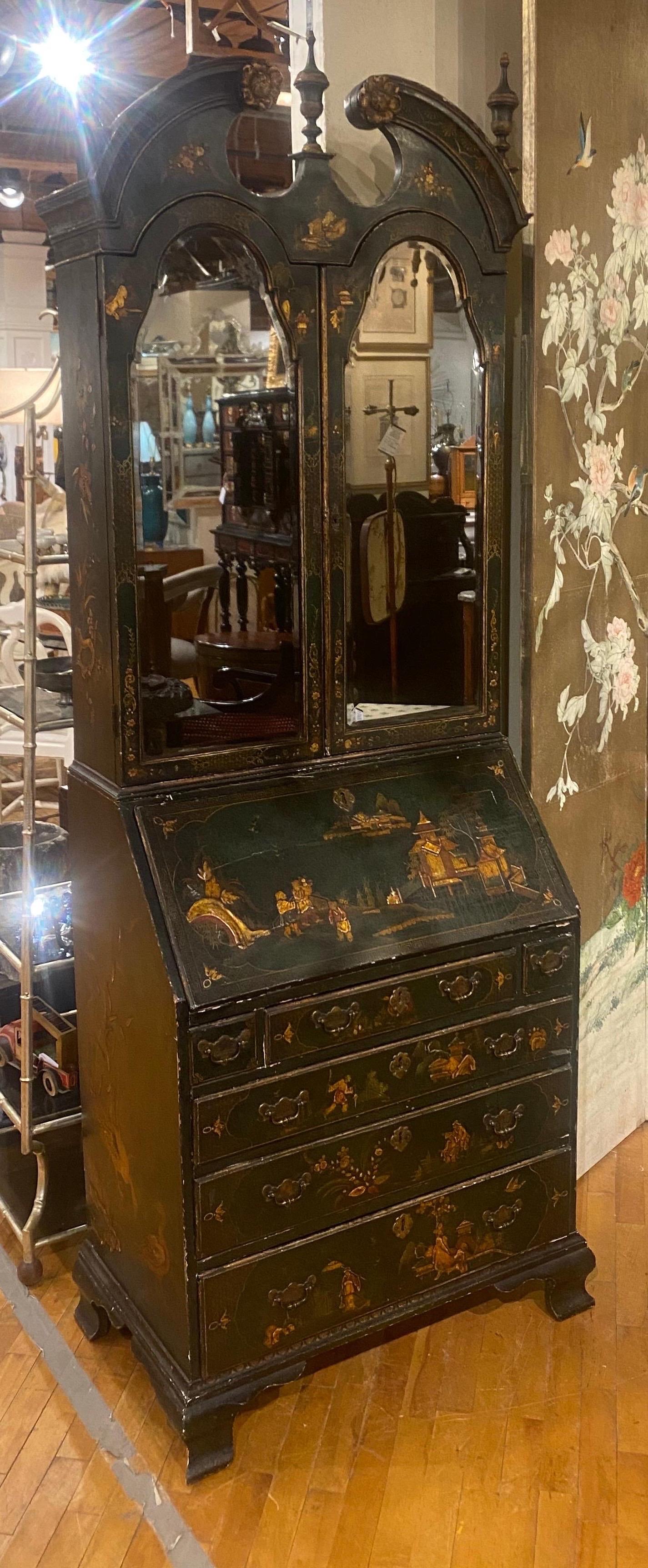 18th Century English Green Chinoiserie Secretary with Red Interior 4