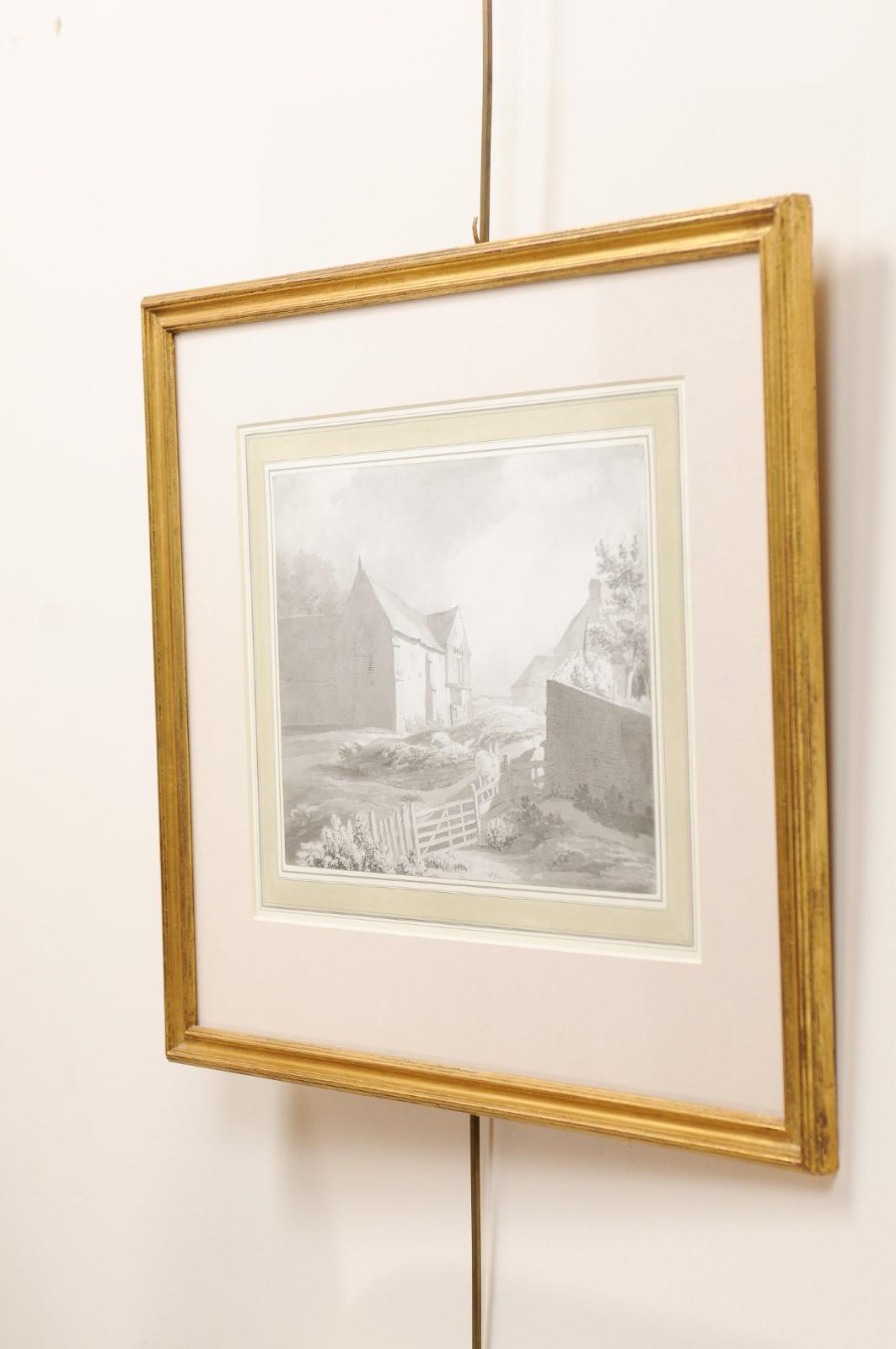 Englische Grisaille-Tinte- und Aquarell-Landschaftsssssszene in vergoldetem Rahmen aus dem 18. Jahrhundert im Angebot 5