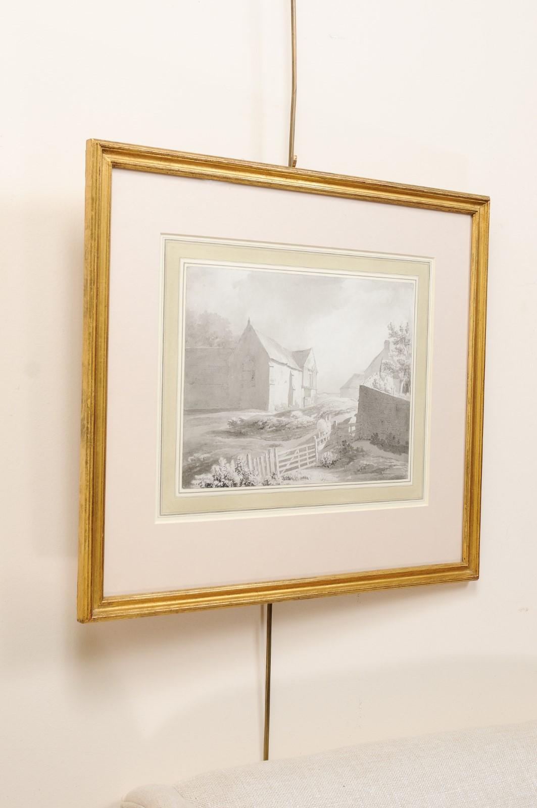 Englische Grisaille-Tinte- und Aquarell-Landschaftsssssszene in vergoldetem Rahmen aus dem 18. Jahrhundert im Angebot 6