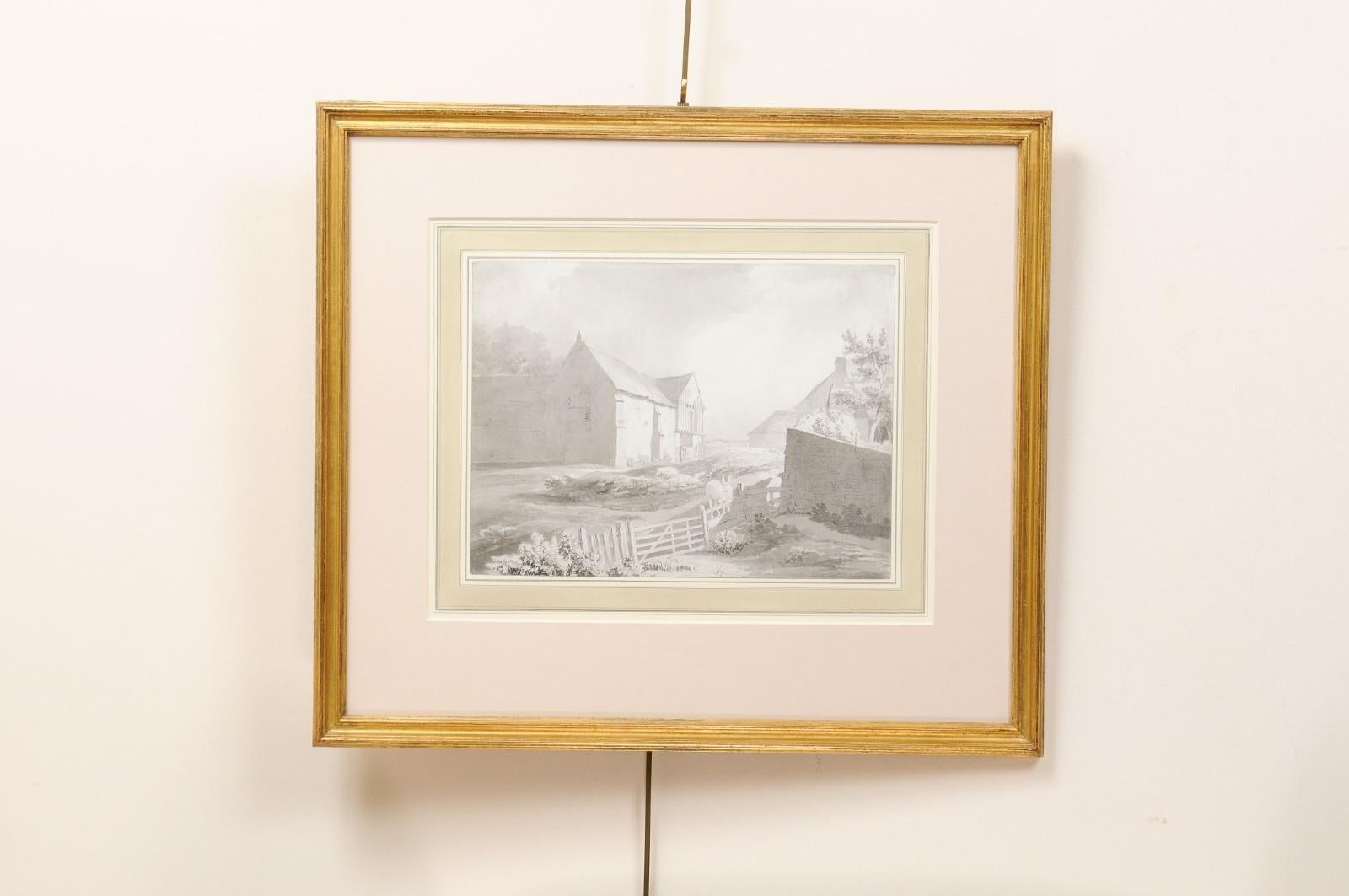 18th Century English Grisaille Ink & Watercolor Landscape Scene in Gilt Frame In Good Condition For Sale In Atlanta, GA
