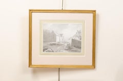 18th Century English Grisaille Ink & Watercolor Landscape Scene in Gilt Frame