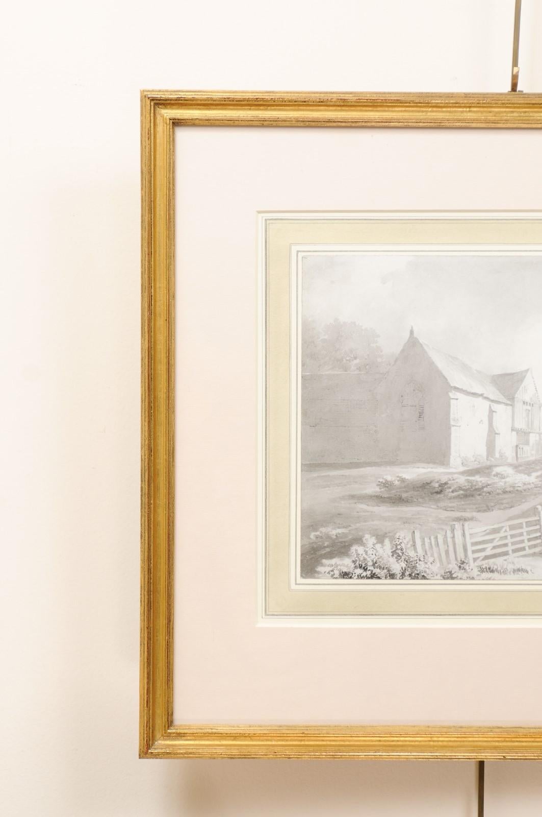 18th Century English Grisaille Ink & Watercolor Landscape Scene in Gilt Frame For Sale 1