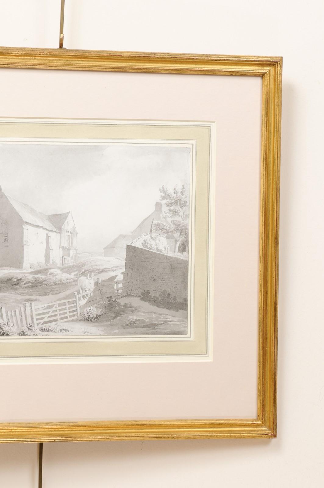 Englische Grisaille-Tinte- und Aquarell-Landschaftsssssszene in vergoldetem Rahmen aus dem 18. Jahrhundert im Angebot 2