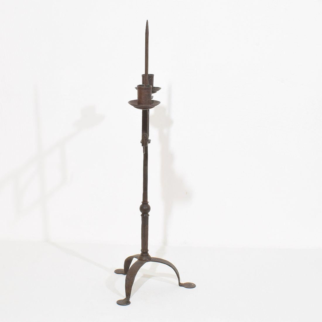 Rustic 18th Century English Hand Forged Iron Candleholder For Sale