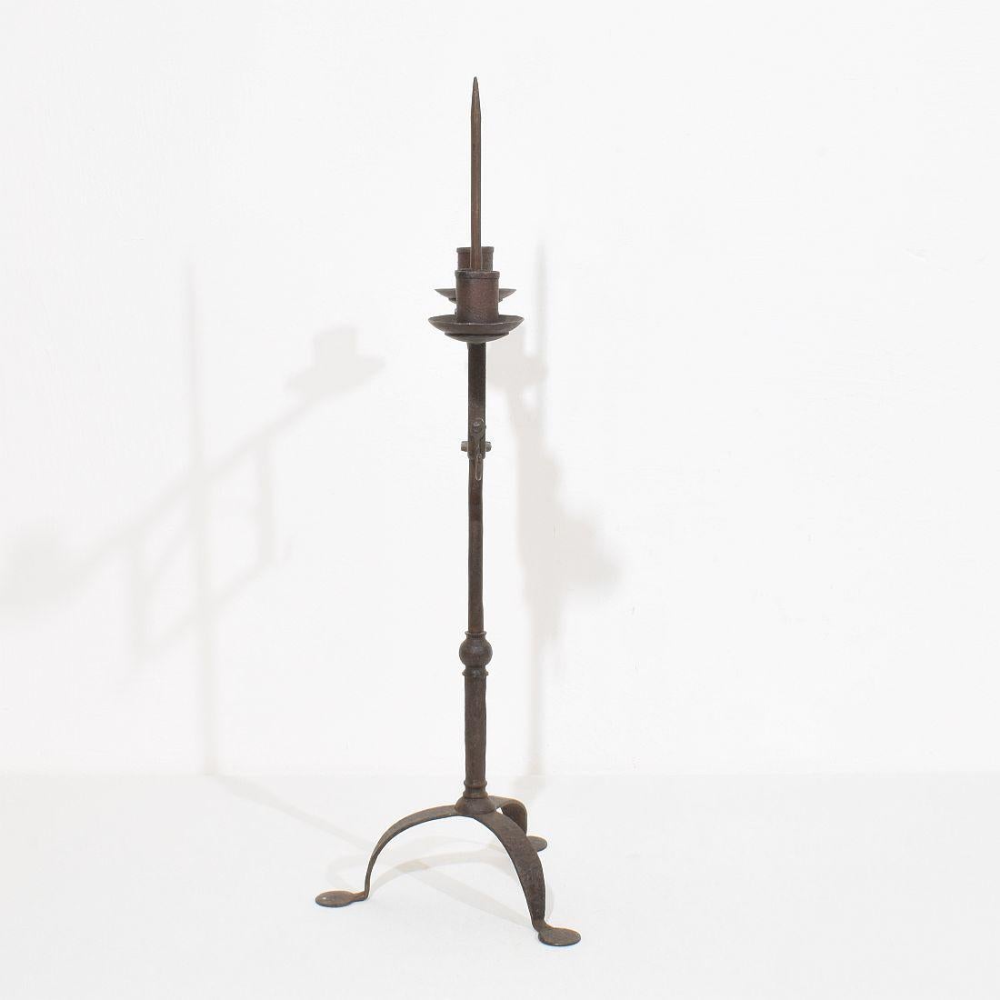 18th Century and Earlier 18th Century English Hand Forged Iron Candleholder For Sale