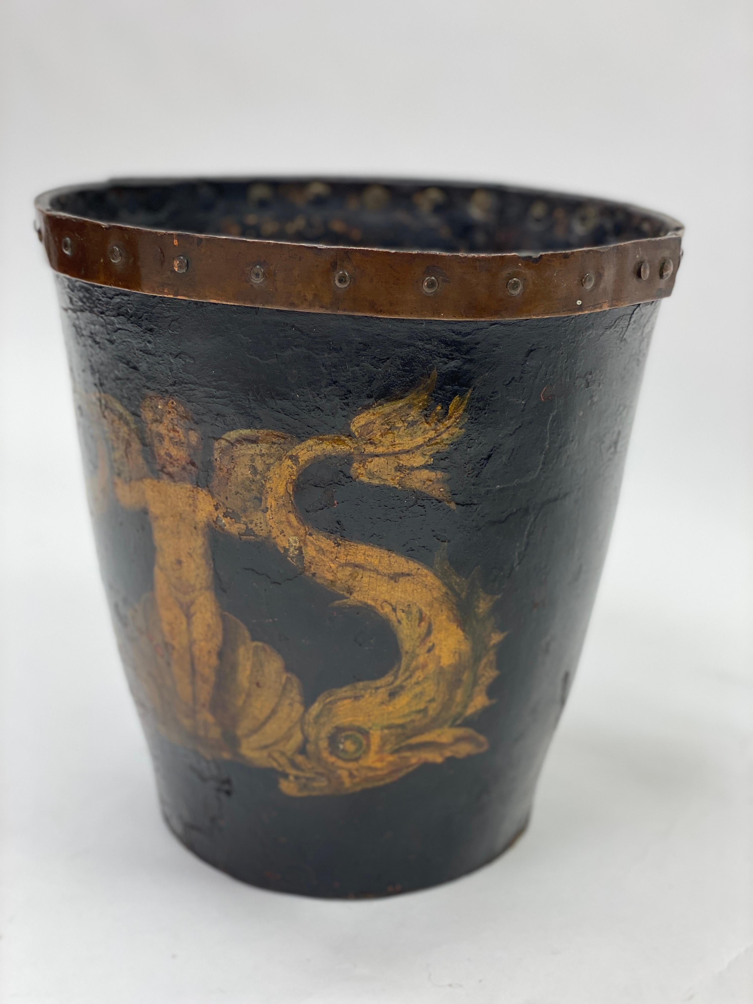 Hand-Painted 18th Century English Hand Painted Leather Fire Bucket For Sale