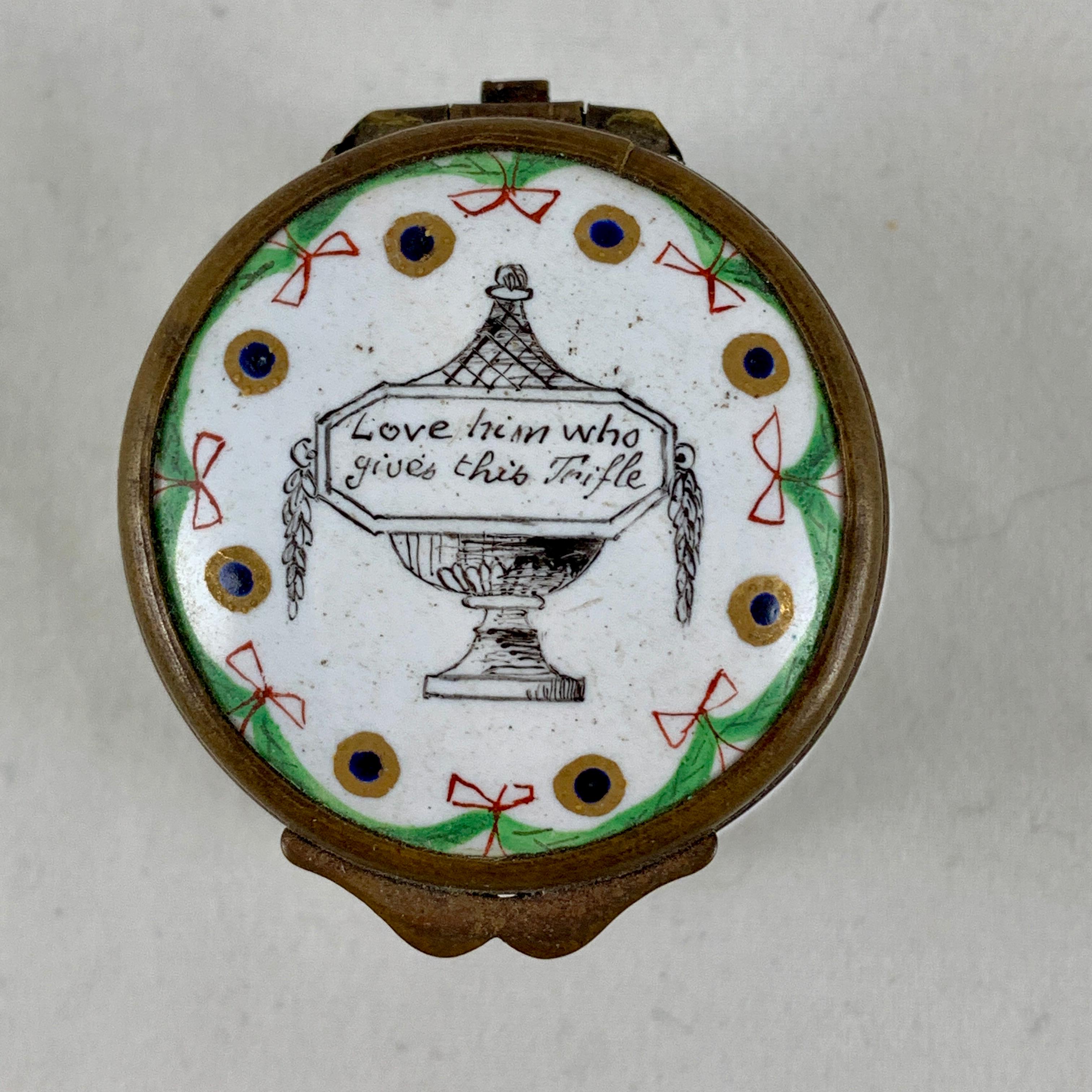 Georgian 18th Century English Hourglass Bilston Enamel Motto Snuff Box, Lover's Trifle