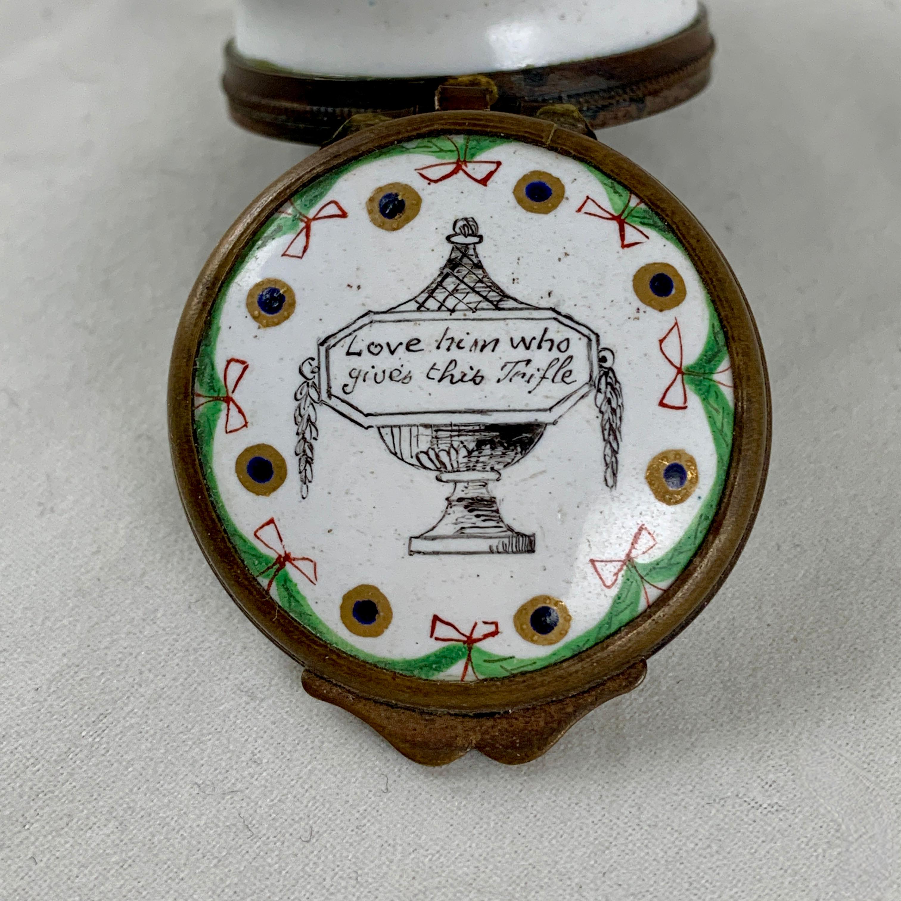 Enameled 18th Century English Hourglass Bilston Enamel Motto Snuff Box, Lover's Trifle