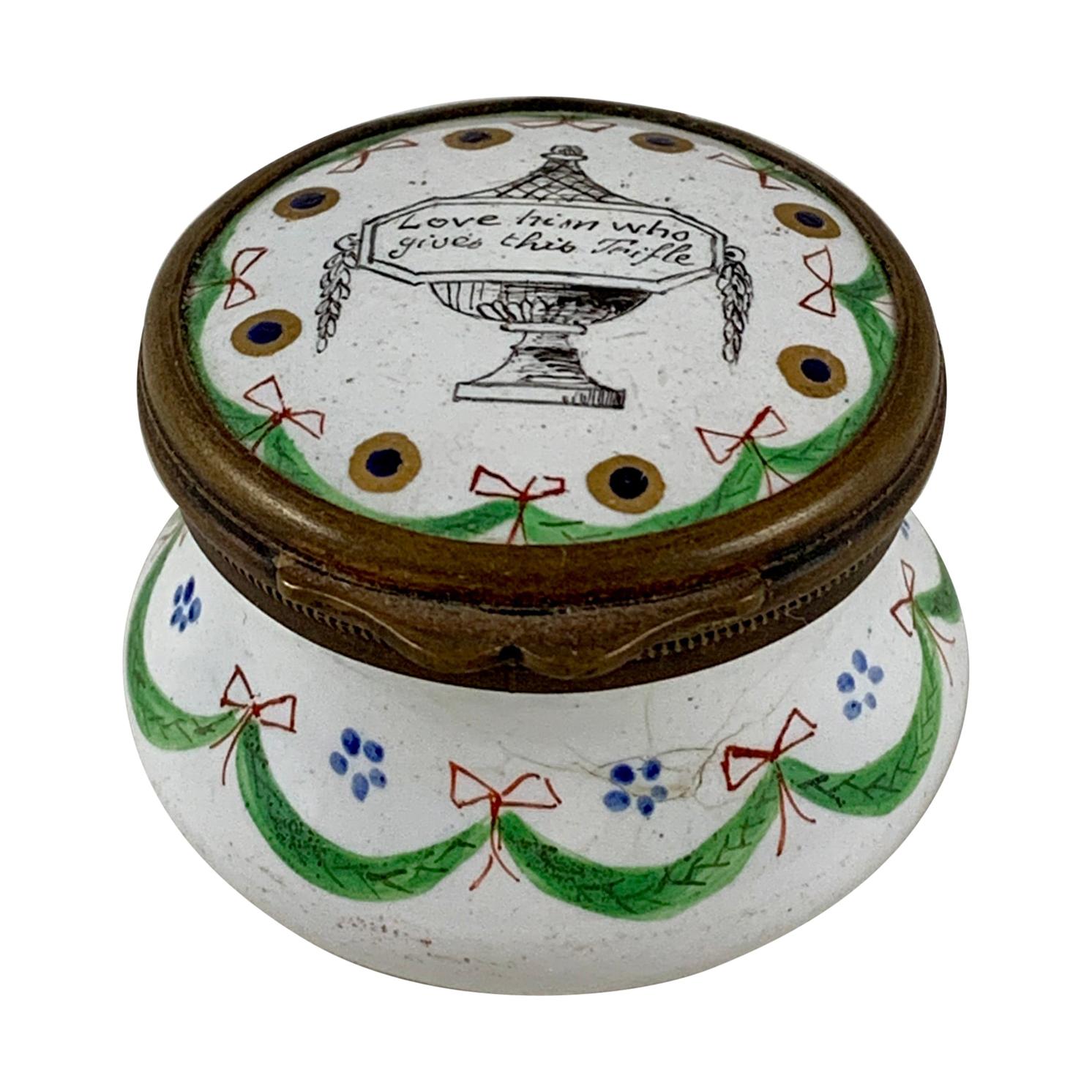 18th Century English Hourglass Bilston Enamel Motto Snuff Box, Lover's Trifle