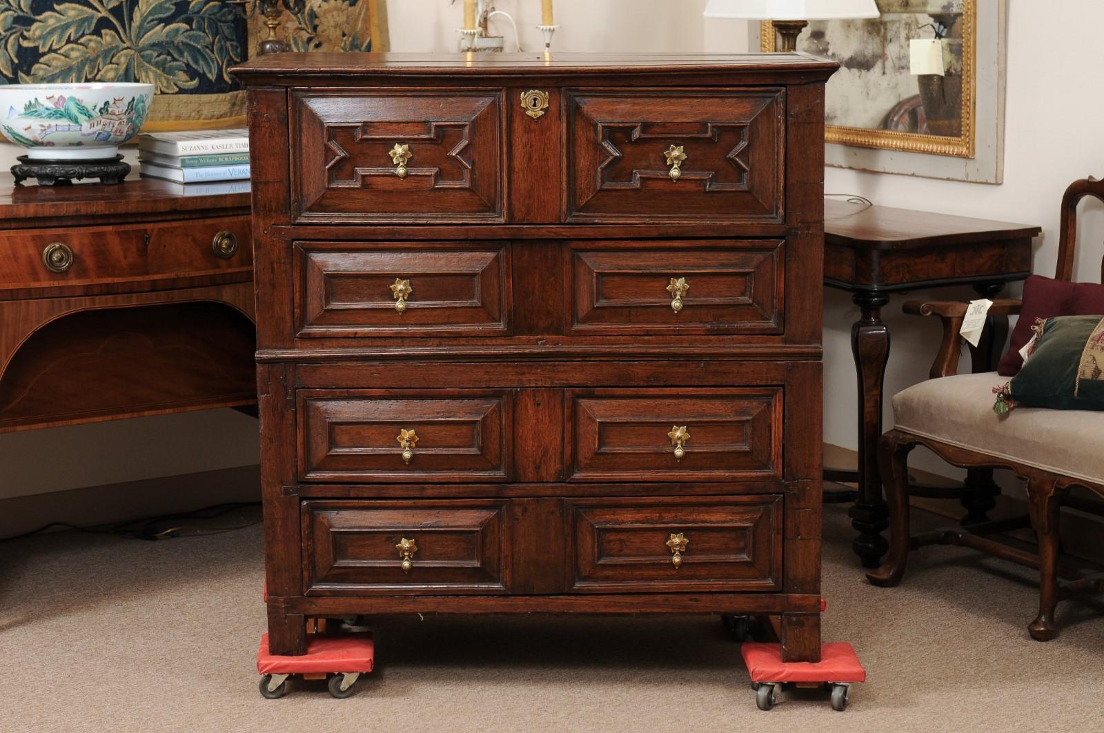 18th Century English Jacobean Style Oak Chest with 4 Drawers For Sale 8