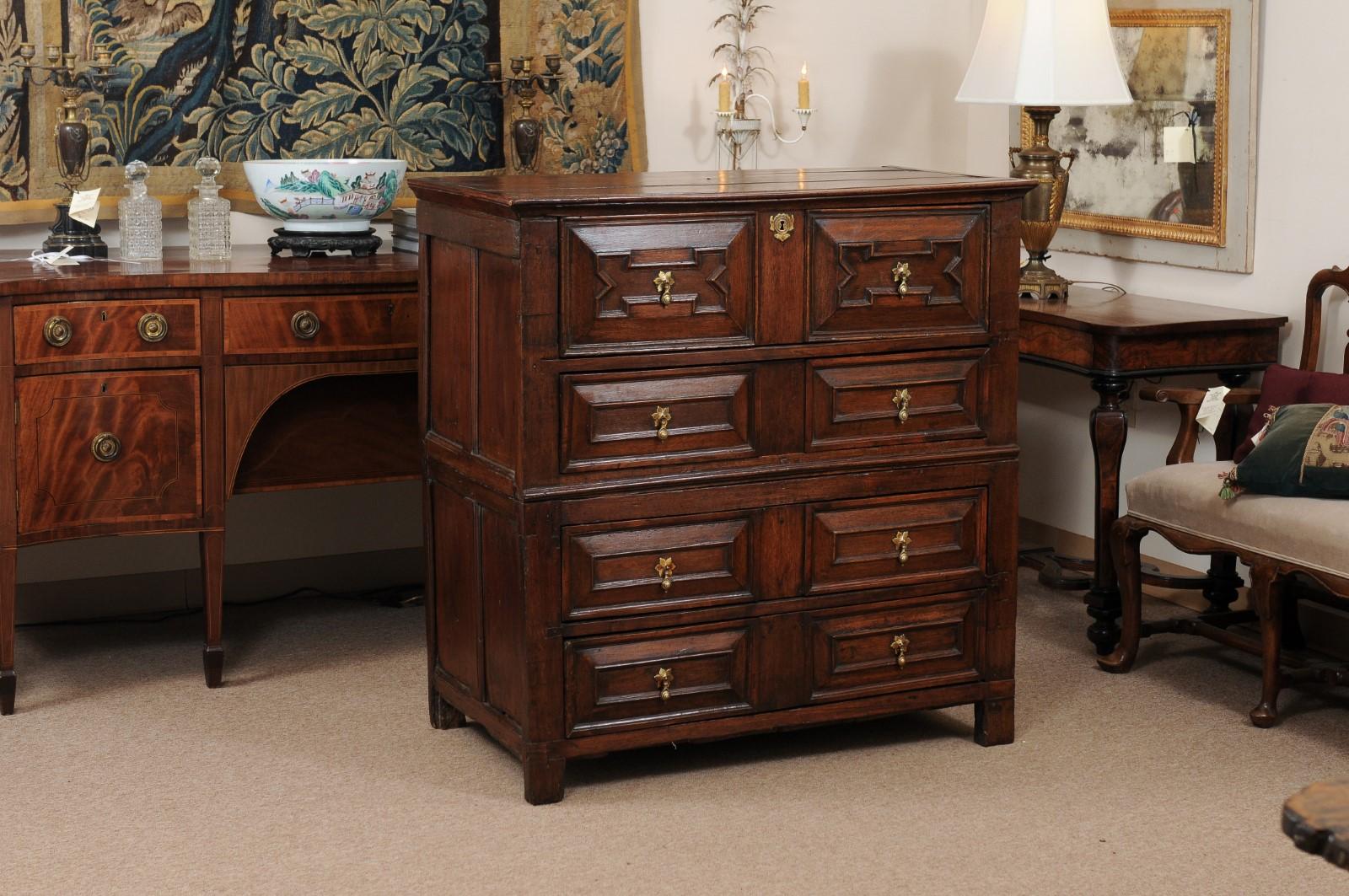 18th Century English Jacobean Style Oak Chest with 4 Drawers In Good Condition For Sale In Atlanta, GA